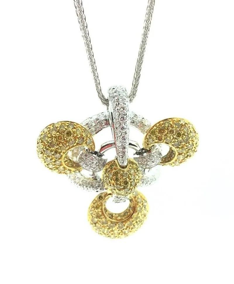 Round Cut Yellow and White Diamond Pave Pendant Necklace in 18k Gold For Sale
