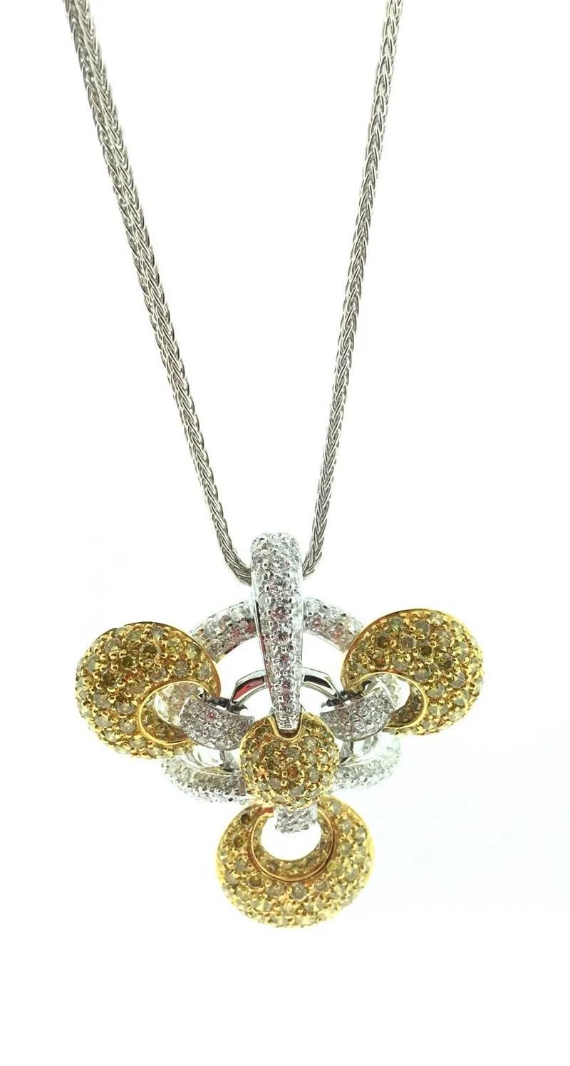 Yellow and White Diamond Pave Pendant Necklace in 18k Gold For Sale 2