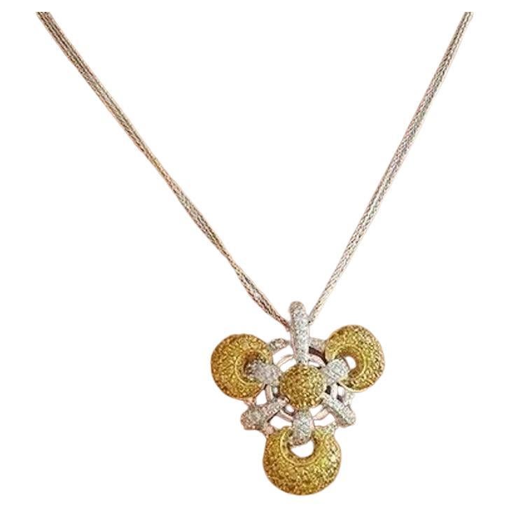 Yellow and White Diamond Pave Pendant Necklace in 18k Gold For Sale