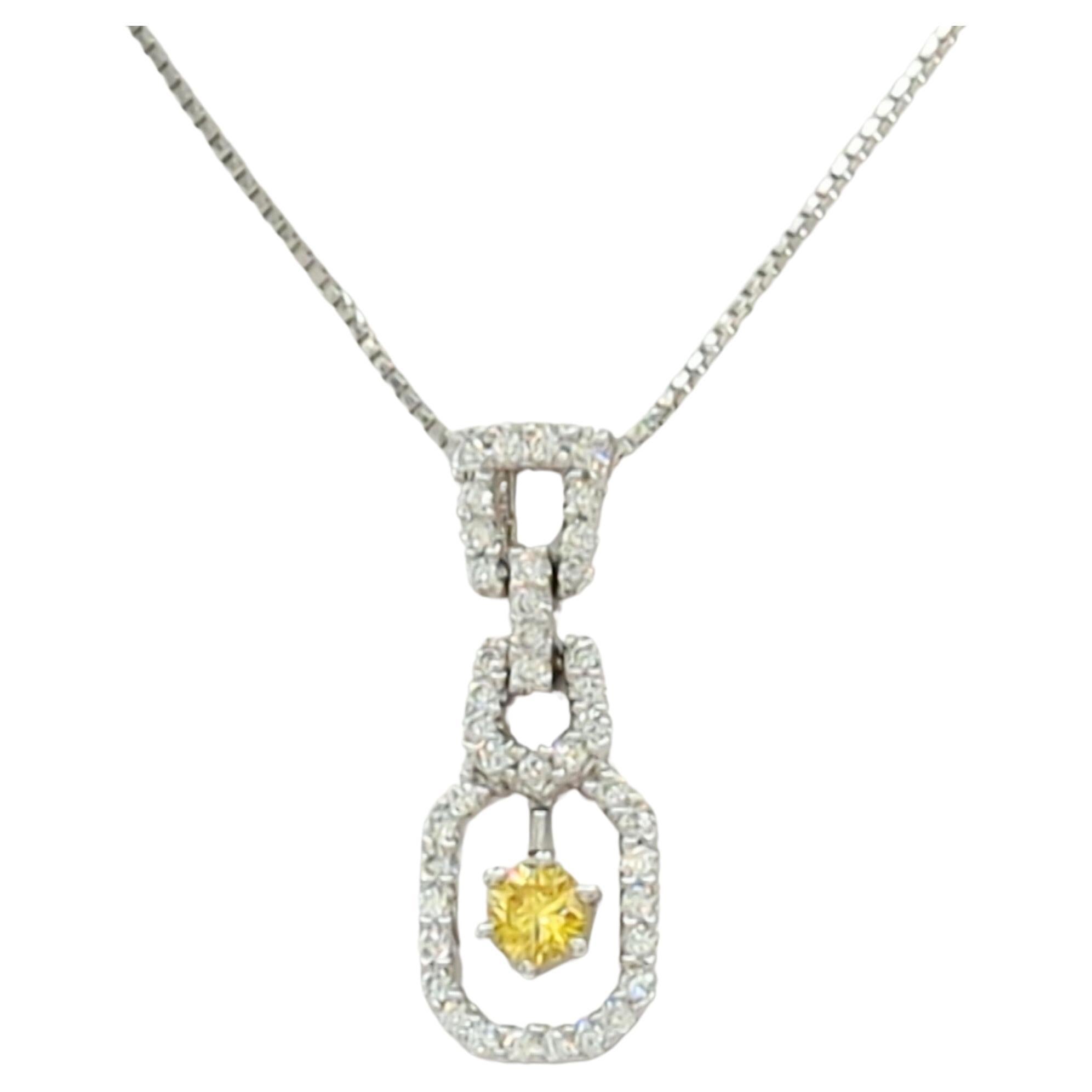 Yellow and White Diamond Pendant Necklace in 18K White Gold For Sale