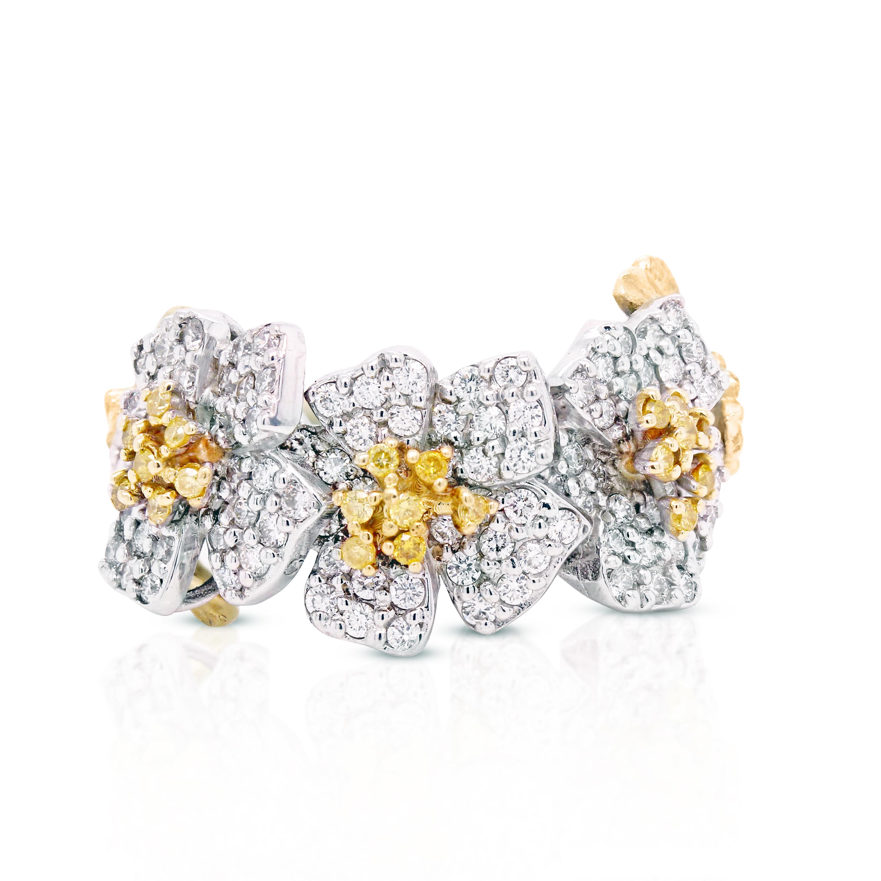 Round Cut Yellow and White Diamond Ring with Flowers Two-Tone Gold Stambolian