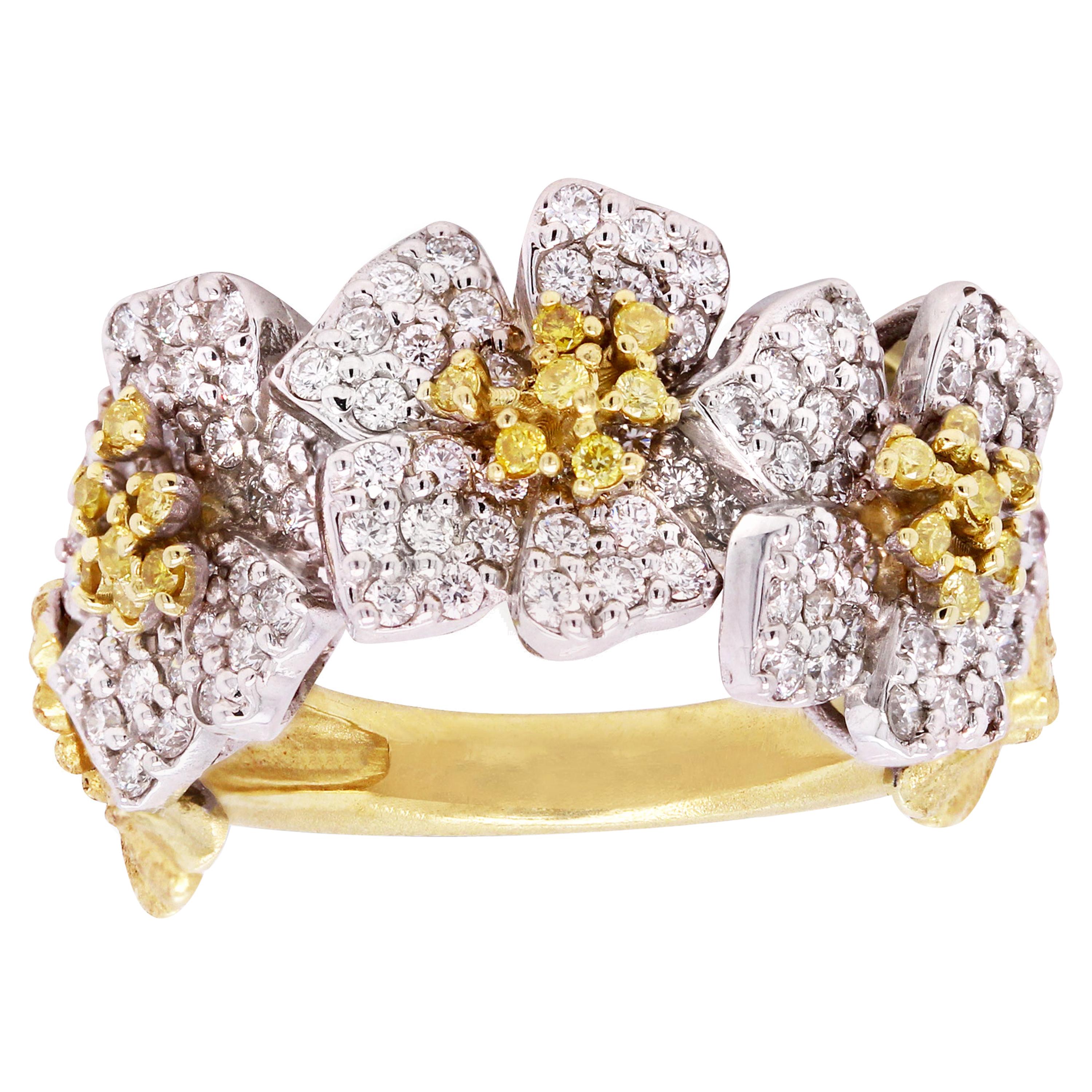 Yellow and White Diamond Ring with Flowers Two-Tone Gold Stambolian