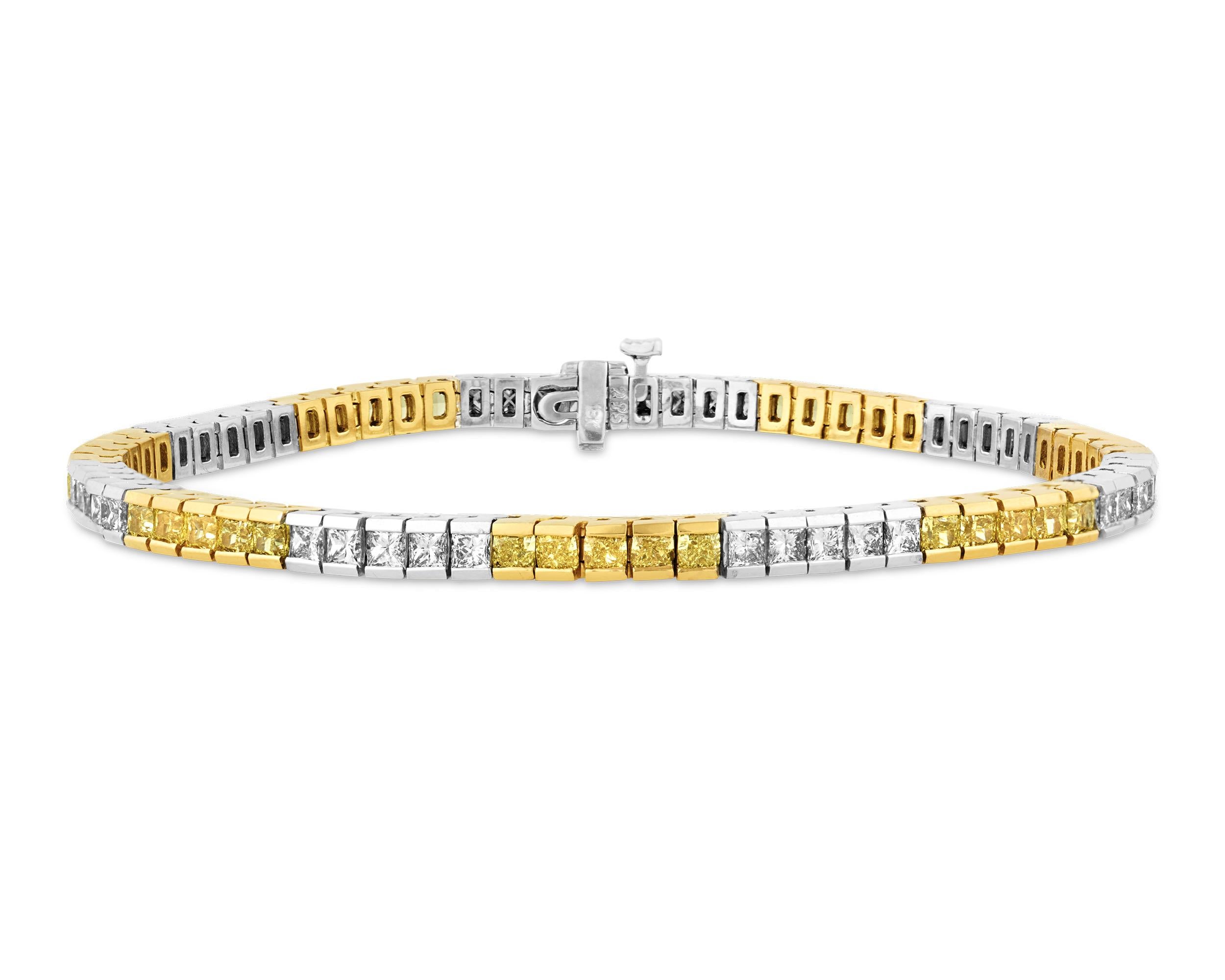 Square Cut Yellow And White Diamond Tennis Bracelet, 6.85 Carats For Sale