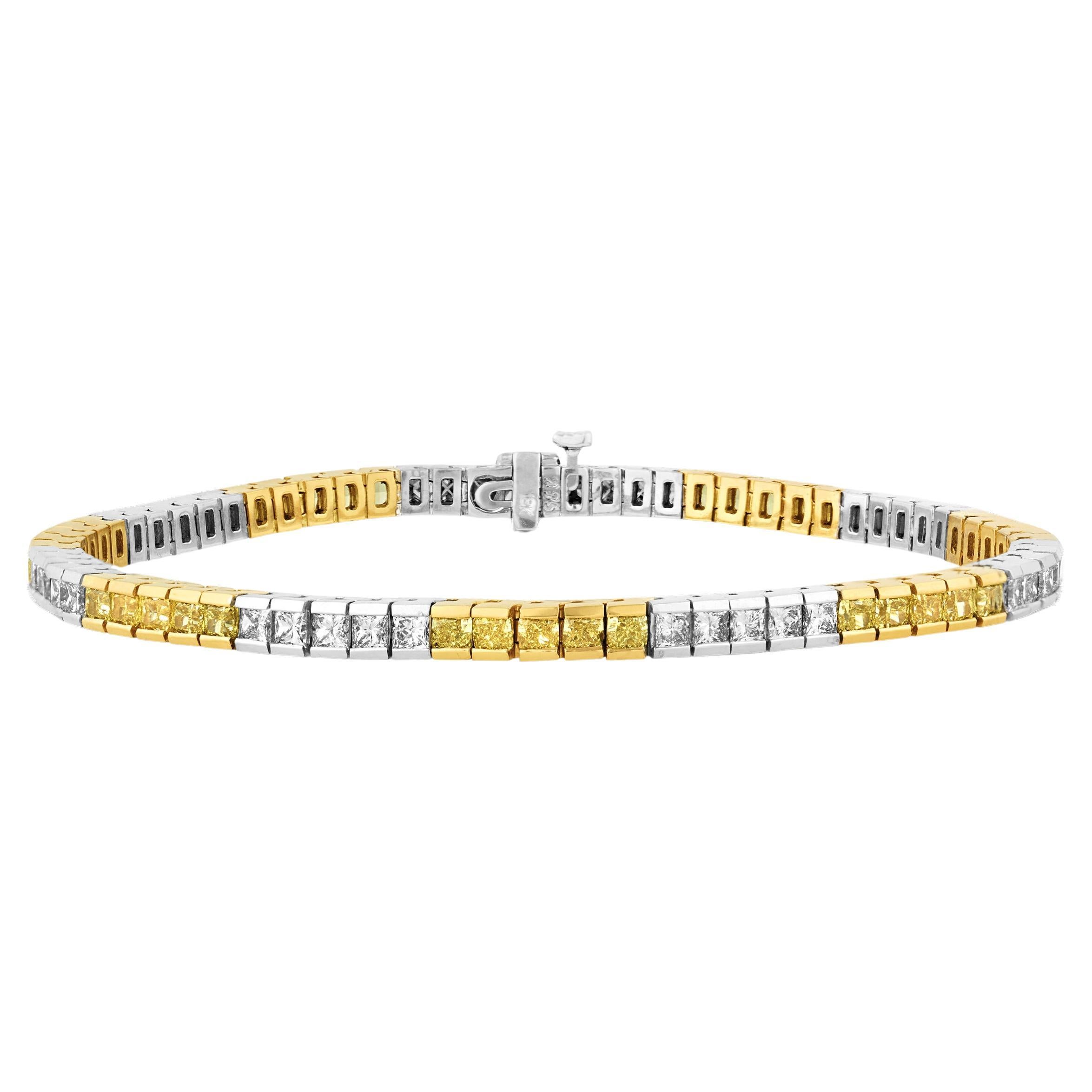 Bracelet tennis en diamants jaunes et blancs de 6,85 carats en vente