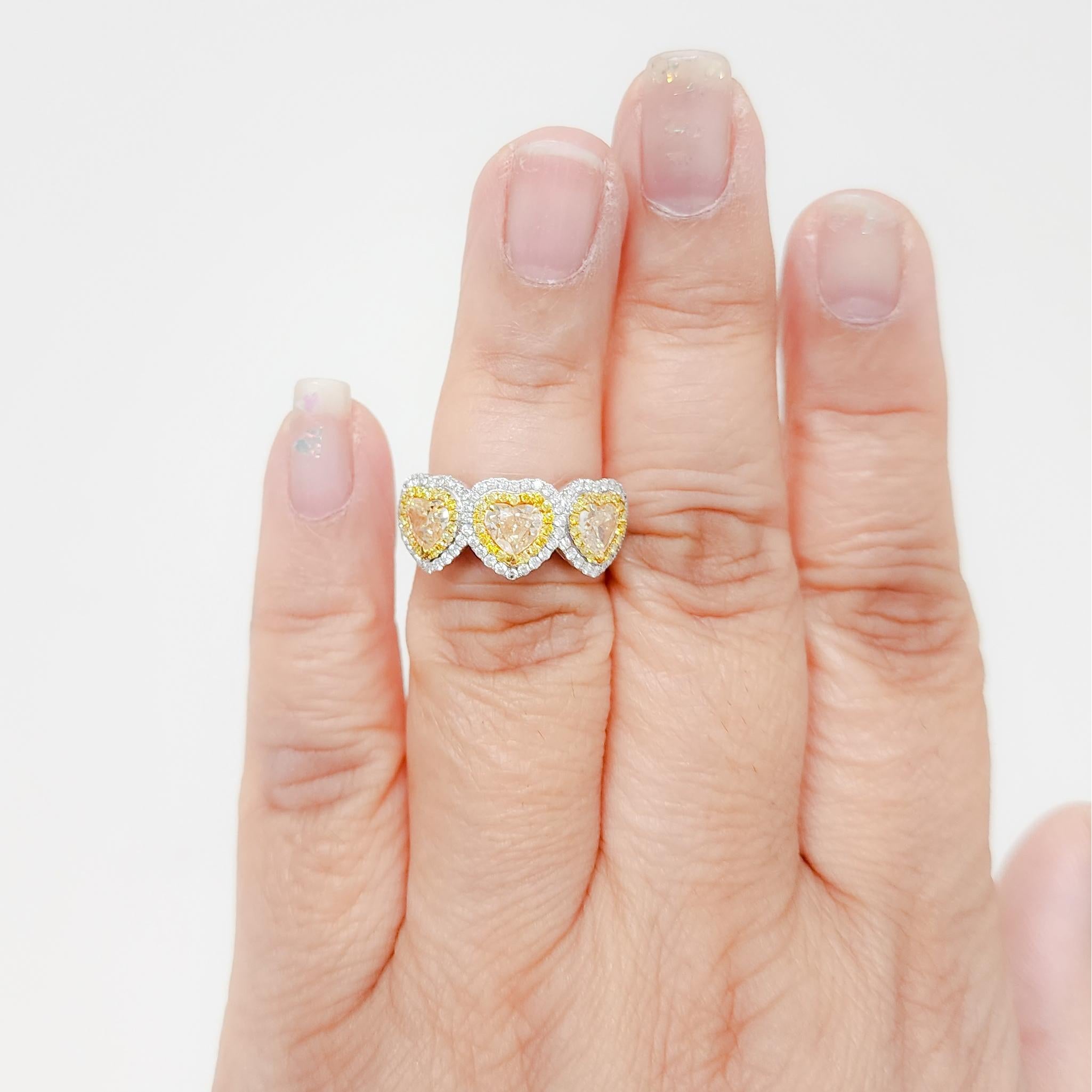 Heart Cut Yellow and White Diamond Three Heart Ring in 18k Two Tone Gold For Sale