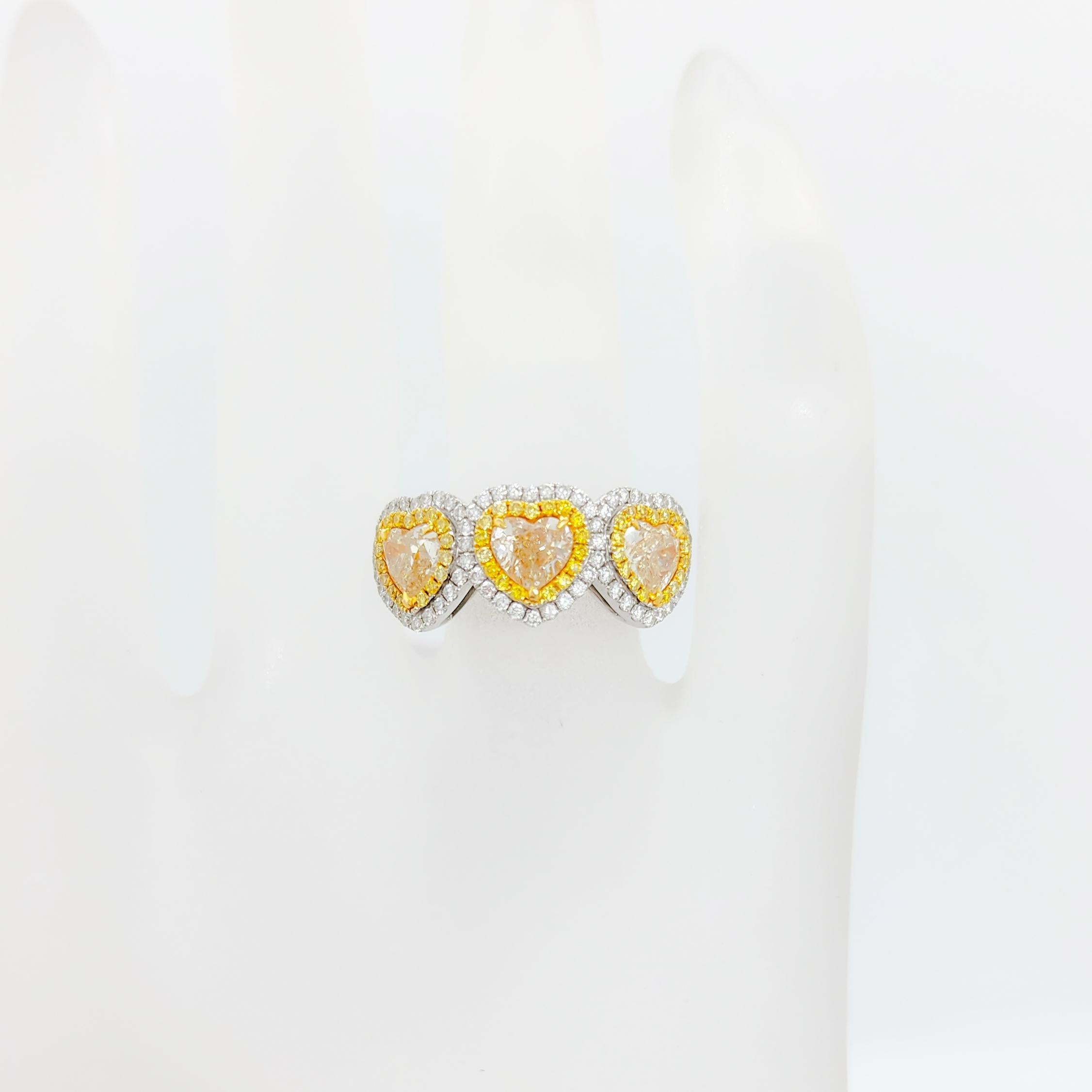 Yellow and White Diamond Three Heart Ring in 18k Two Tone Gold For Sale 2