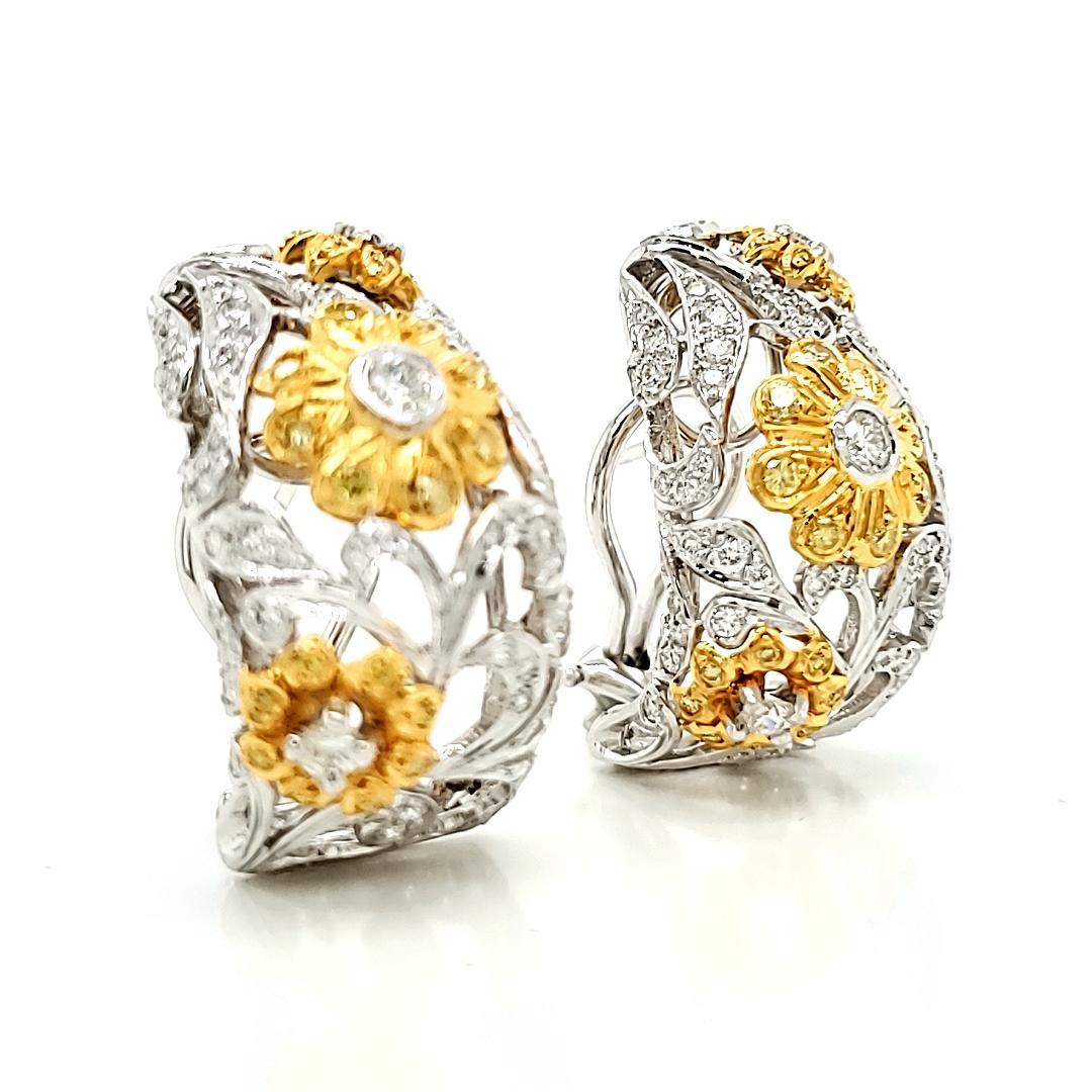 Round Cut Yellow and White Diamonds Ctw 1.81 Flower Earrings For Sale