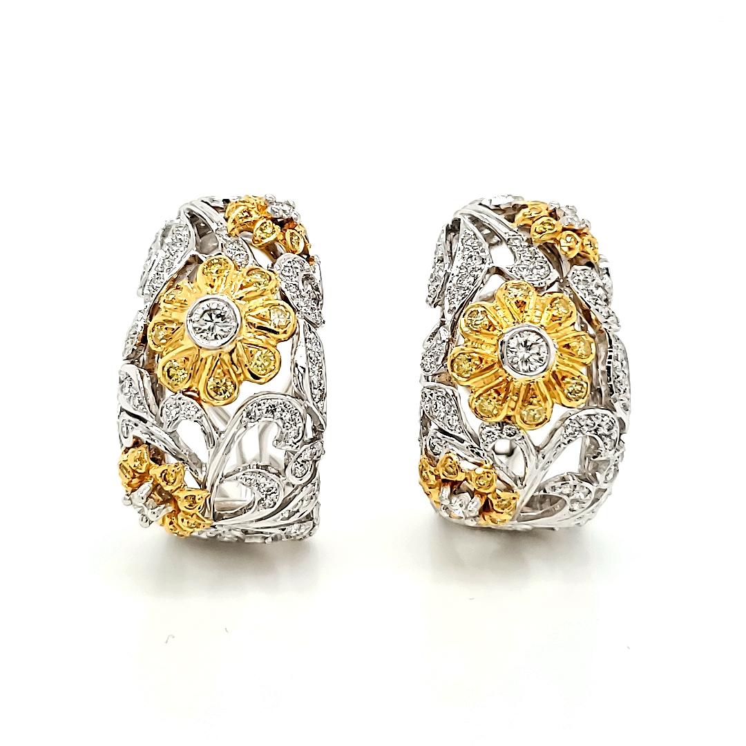Women's or Men's Yellow and White Diamonds Ctw 1.81 Flower Earrings For Sale
