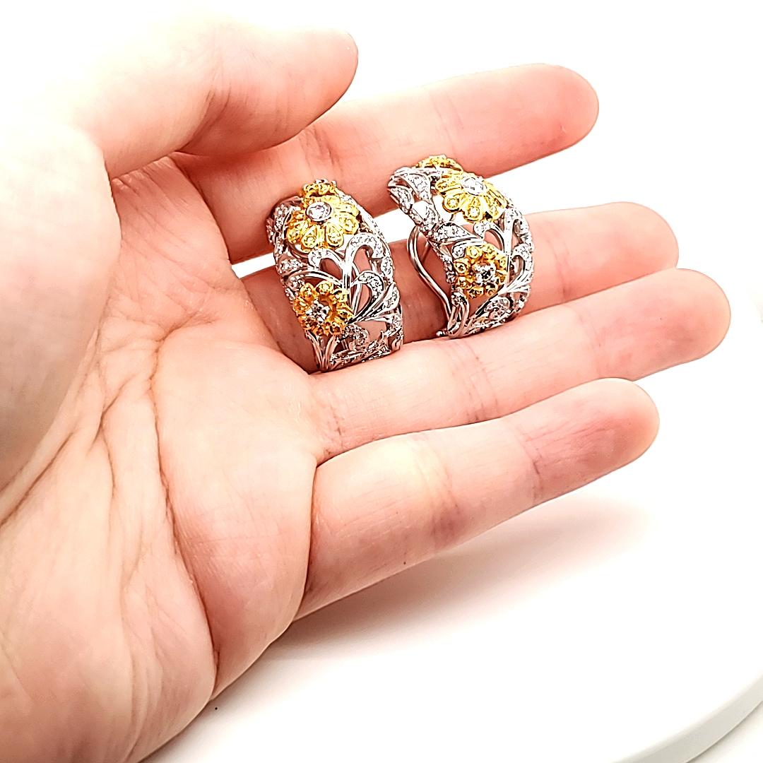 Yellow and White Diamonds Ctw 1.81 Flower Earrings For Sale 1