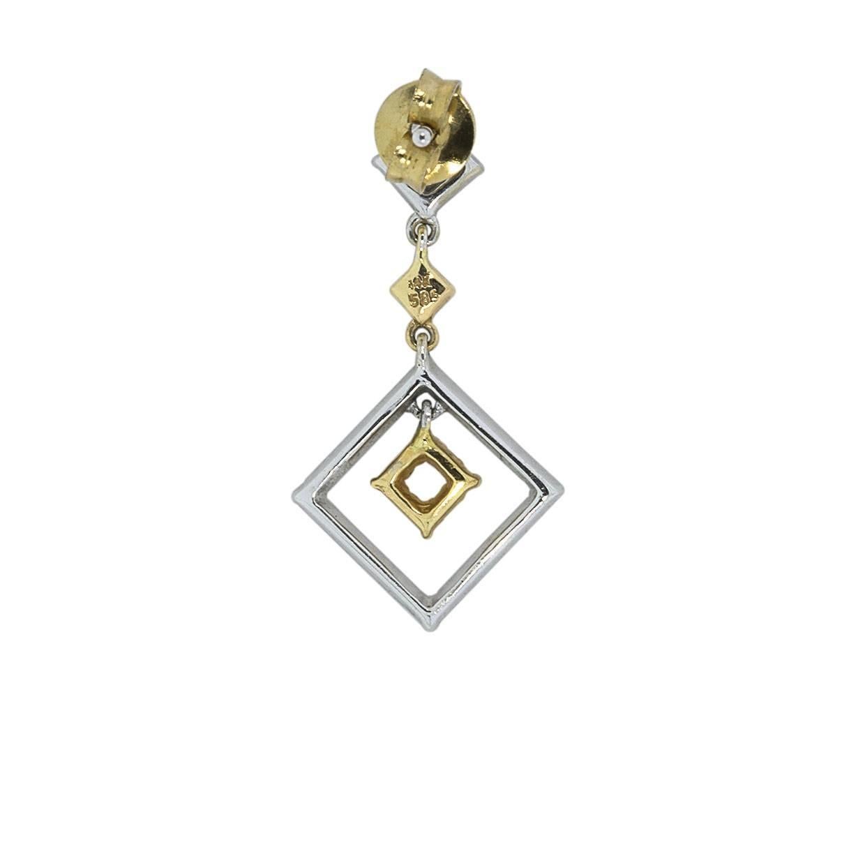 Round Cut Yellow and White Gold 1.00 Carat Diamond Geometric Deco Dangle Earrings