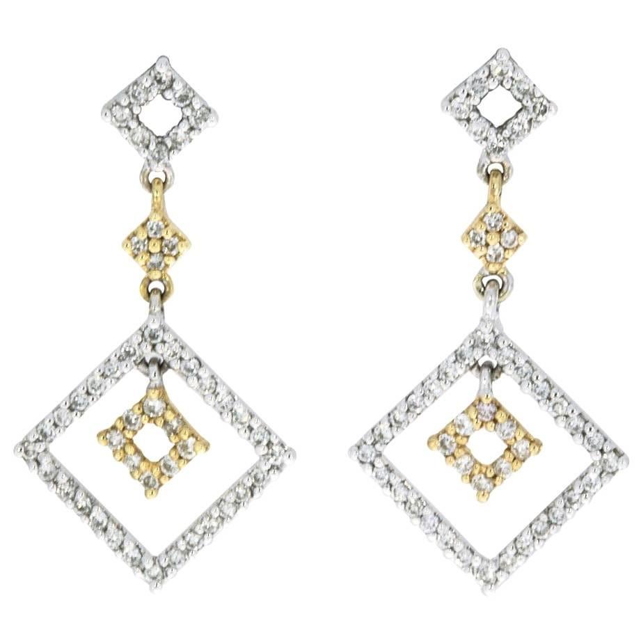 Yellow and White Gold 1.00 Carat Diamond Geometric Deco Dangle Earrings