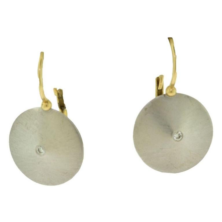 Yellow and White Gold 18 Karat Diamond Dangle Circle Earrings