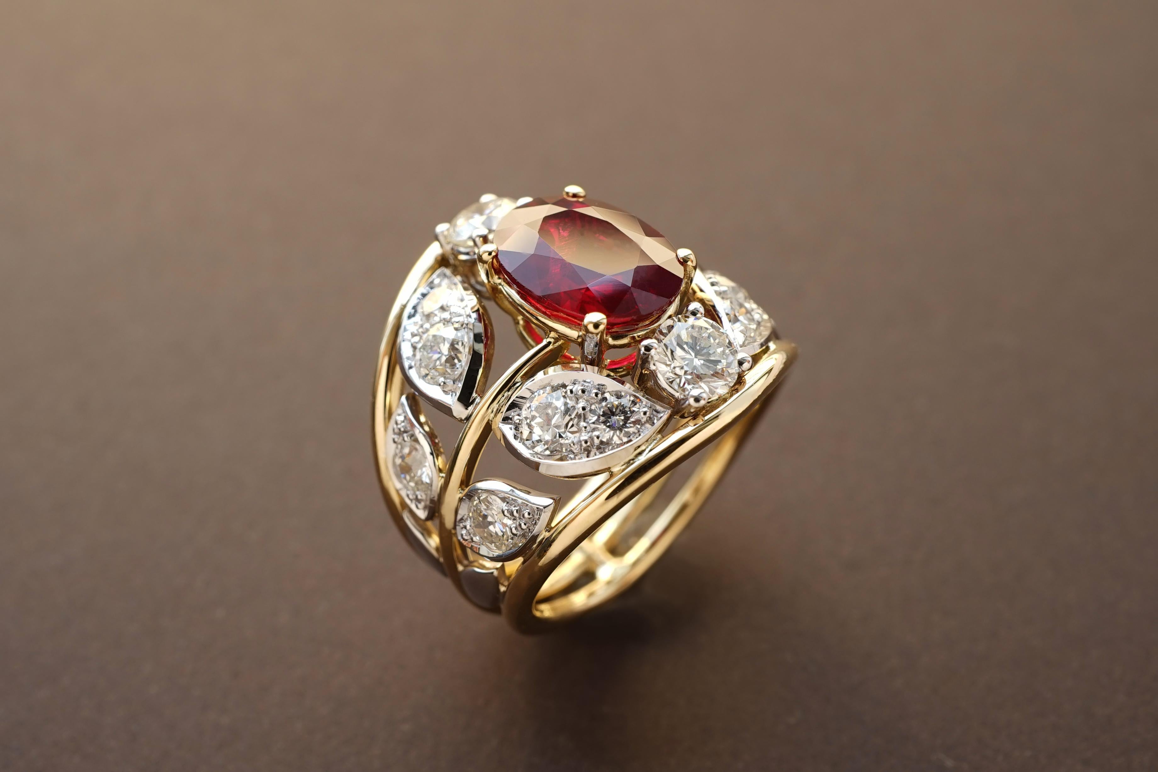 Coralie van Caloen Yellow and Gold 18k Old Cut White Diamonds and Ruby Botanical Engagement Ring is entirely hand made and forged in Belgium by experts goldsmiths therefore it is a very unique piece.

Coralie van Caloen is a Belgian jeweller &