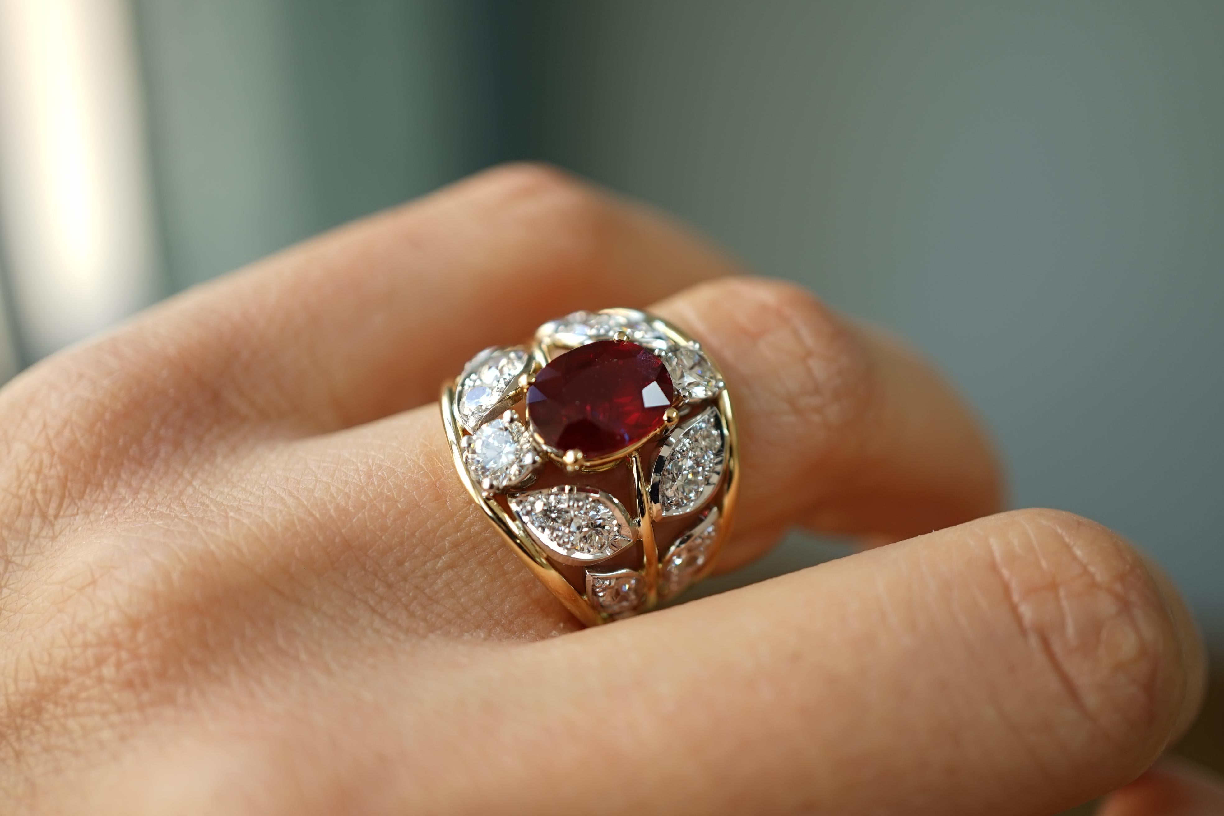 Contemporary Yellow and Gold 18 Karat Old Cut White Diamonds Ruby Botanical Engagement Ring For Sale