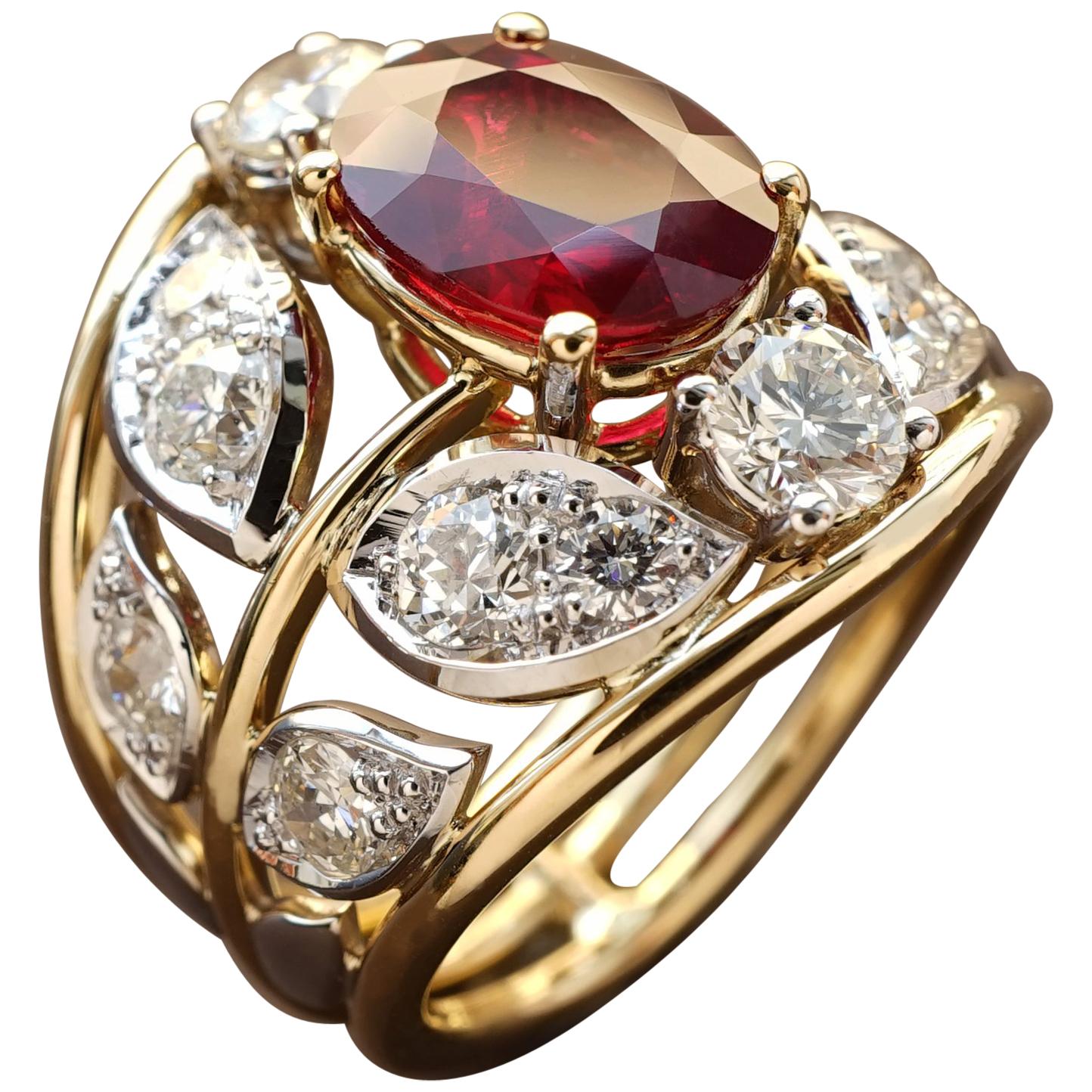 Yellow and Gold 18 Karat Old Cut White Diamonds Ruby Botanical Engagement Ring For Sale