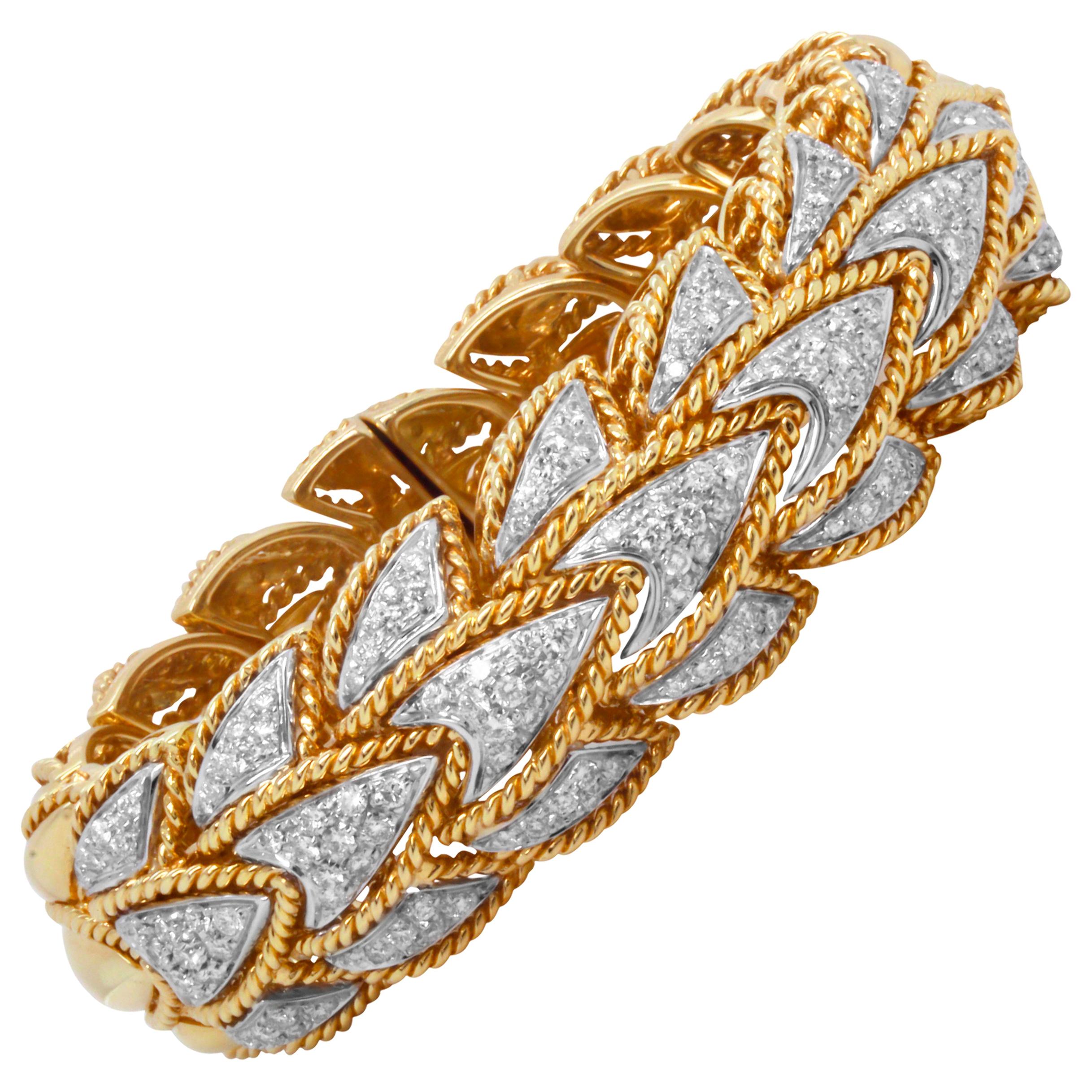 18 K yellow and white Gold italian Bangle Bracelet Diamonds For Sale at ...