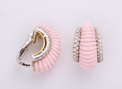 Yellow and White Gold, Coral and Diamond French-Clip Earrings