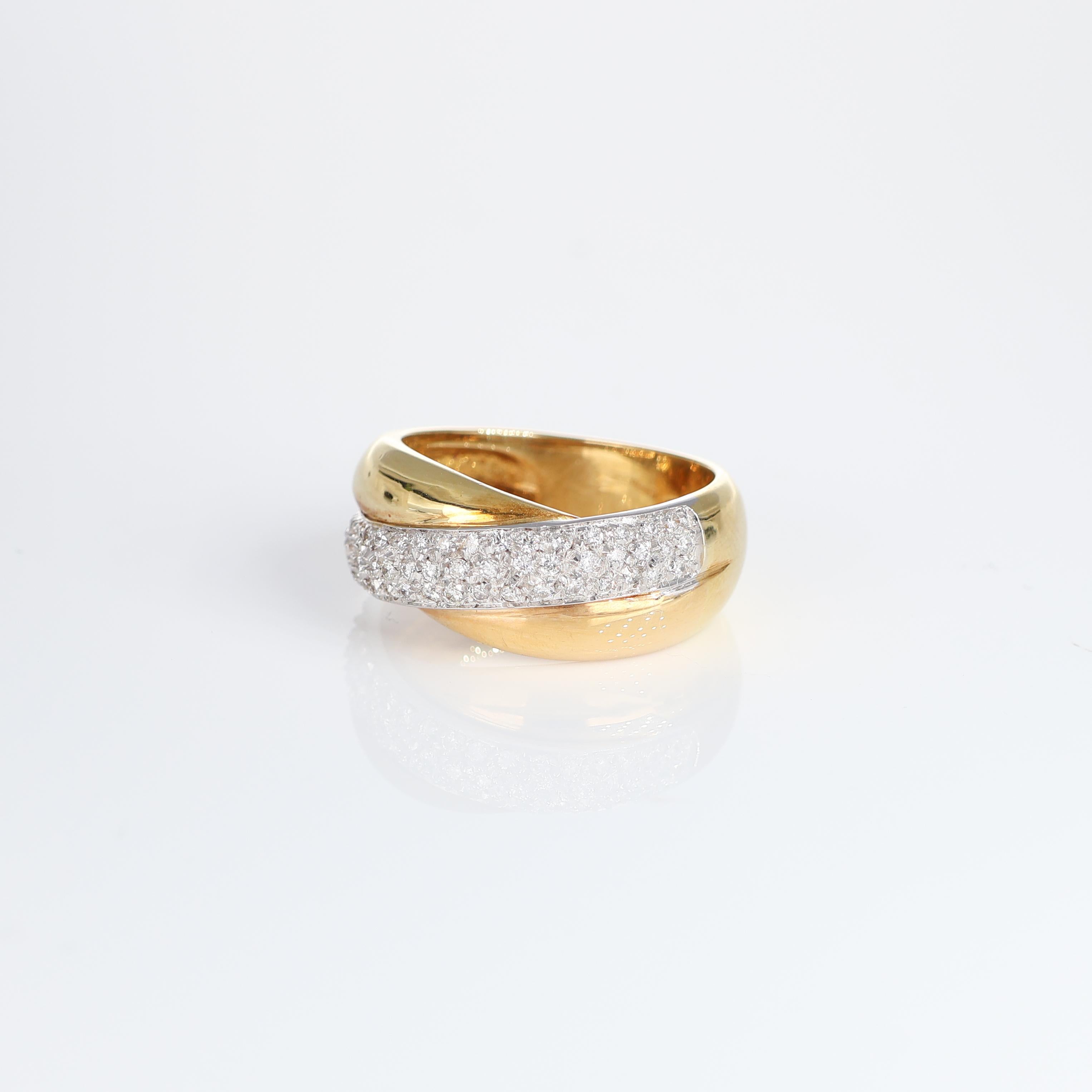 Brilliant Cut Yellow and White Gold Crossover Band Ring with Diamond Pavé, 0.40 Carats For Sale