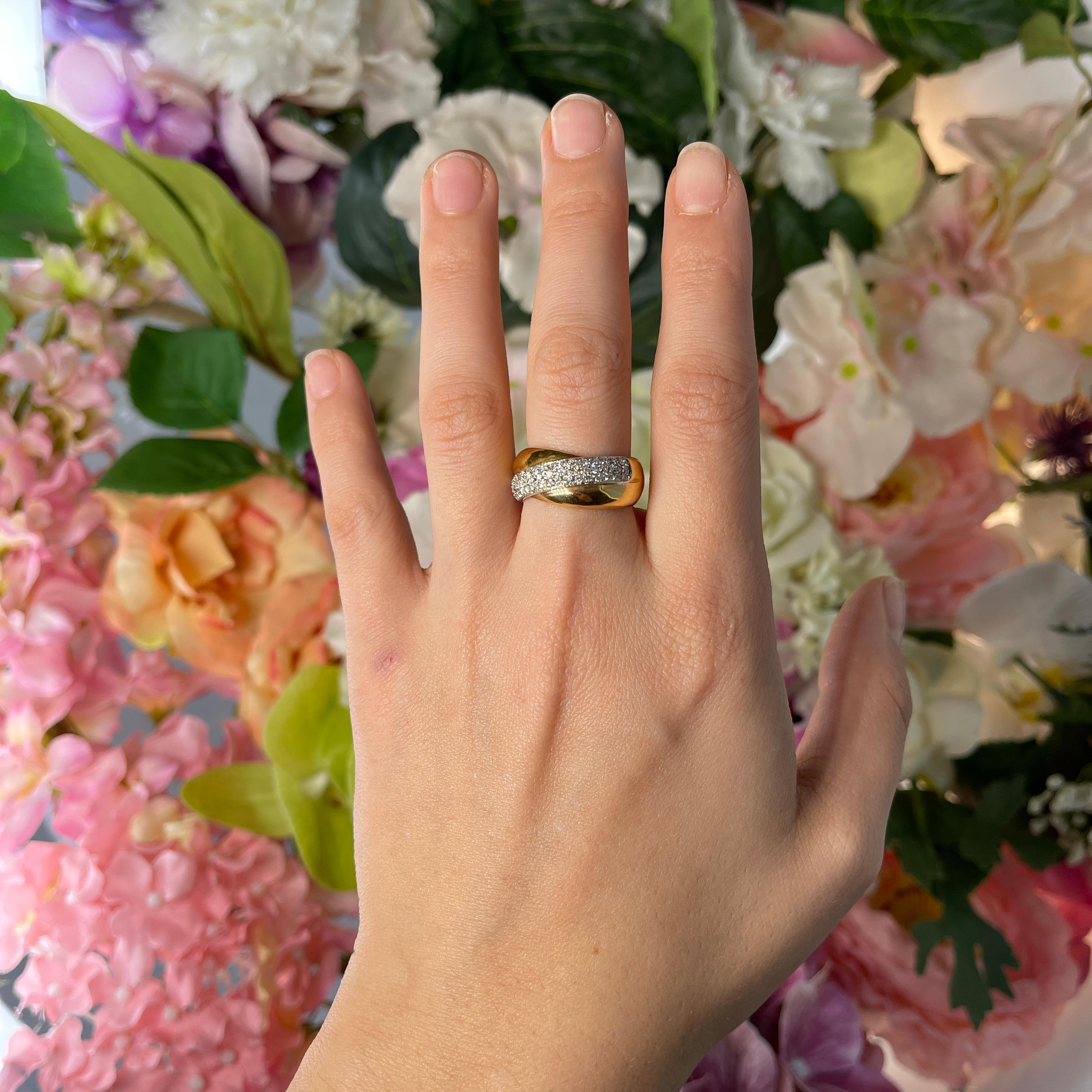 Yellow and White Gold Crossover Band Ring with Diamond Pavé, 0.40 Carats For Sale 1