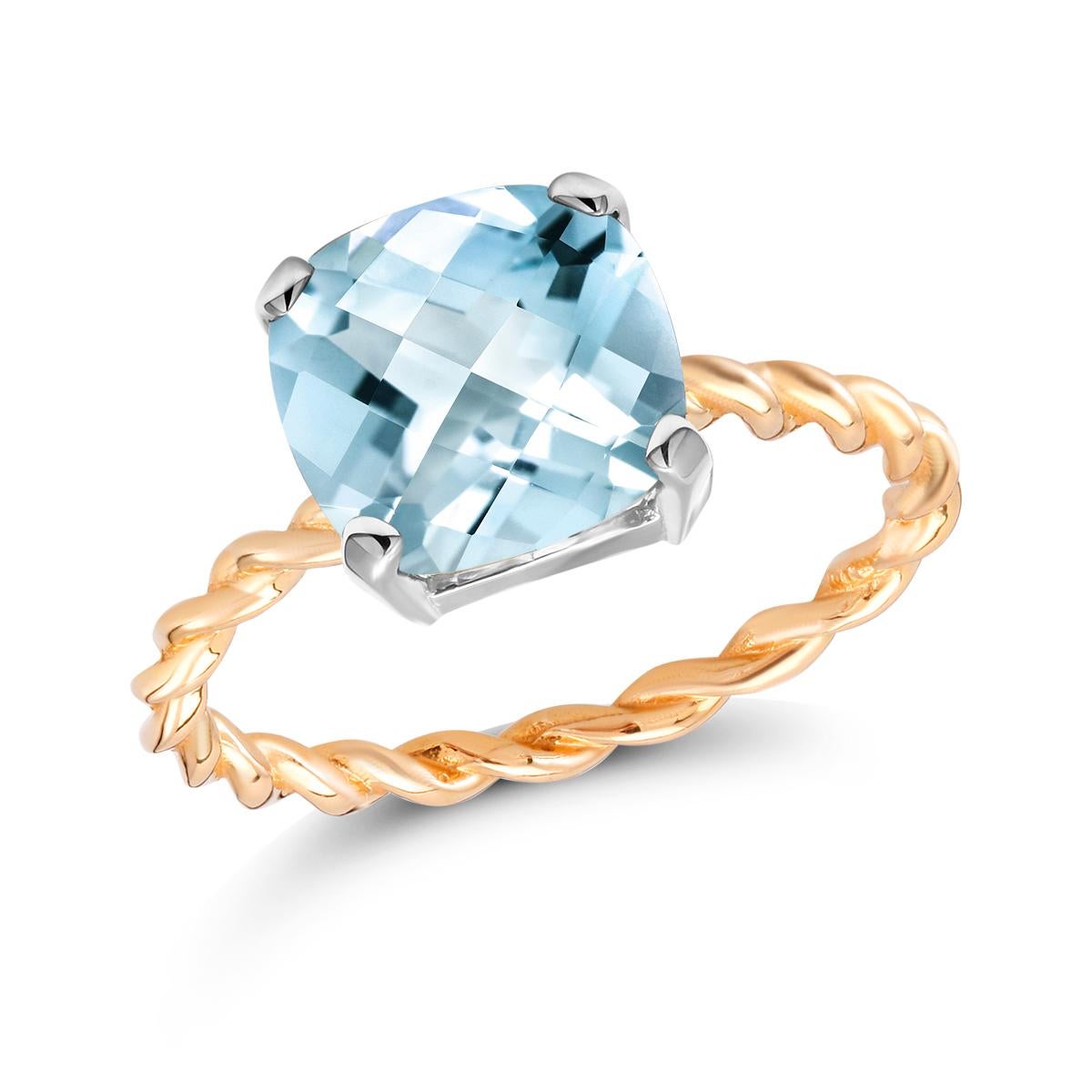 Cushion Cut Yellow and White Gold Cushion Aquamarine Braided Cocktail Ring