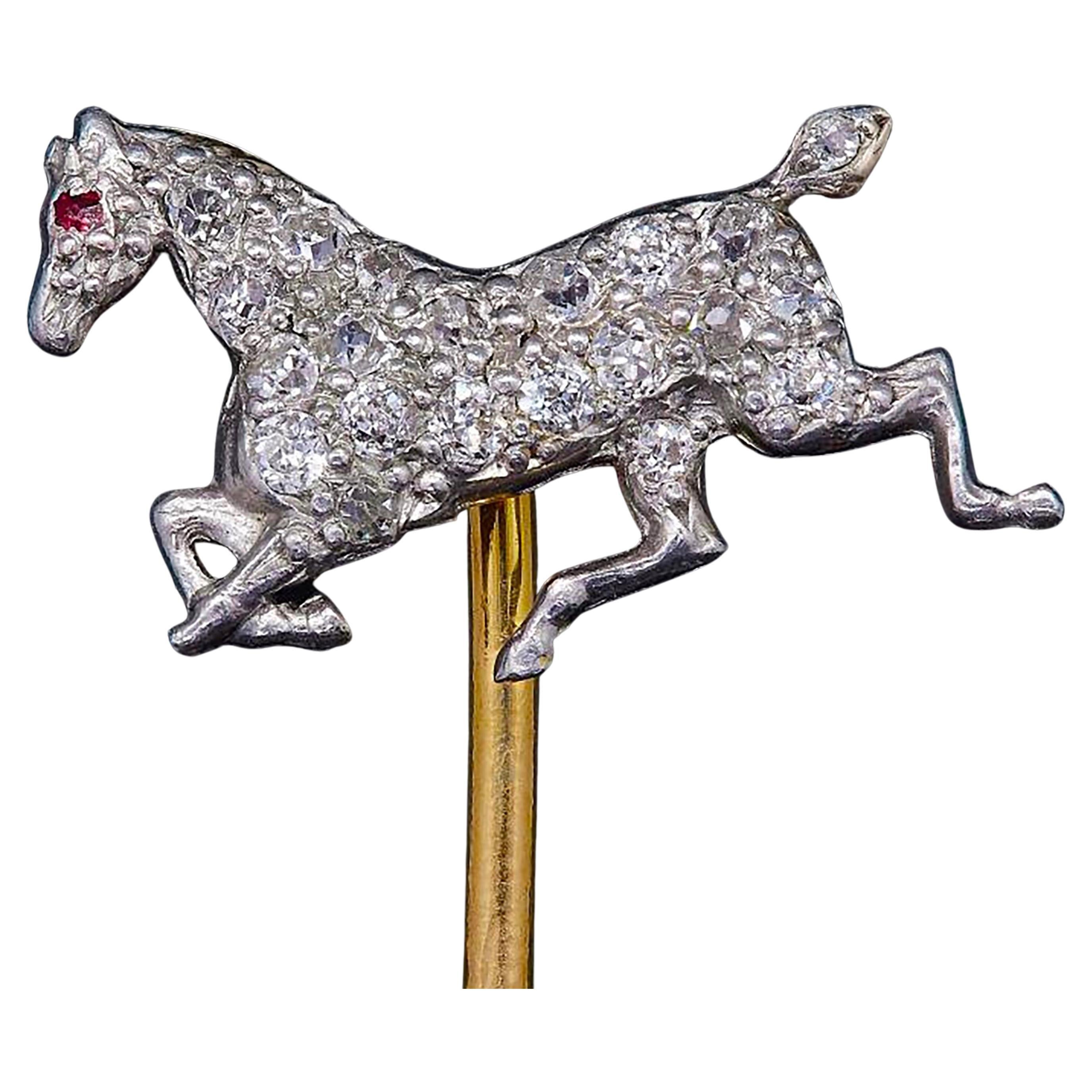 18 Karat Gold Diamond Ruby Horse Antique Edwardian Pin Brooch E Woodman Jewelry