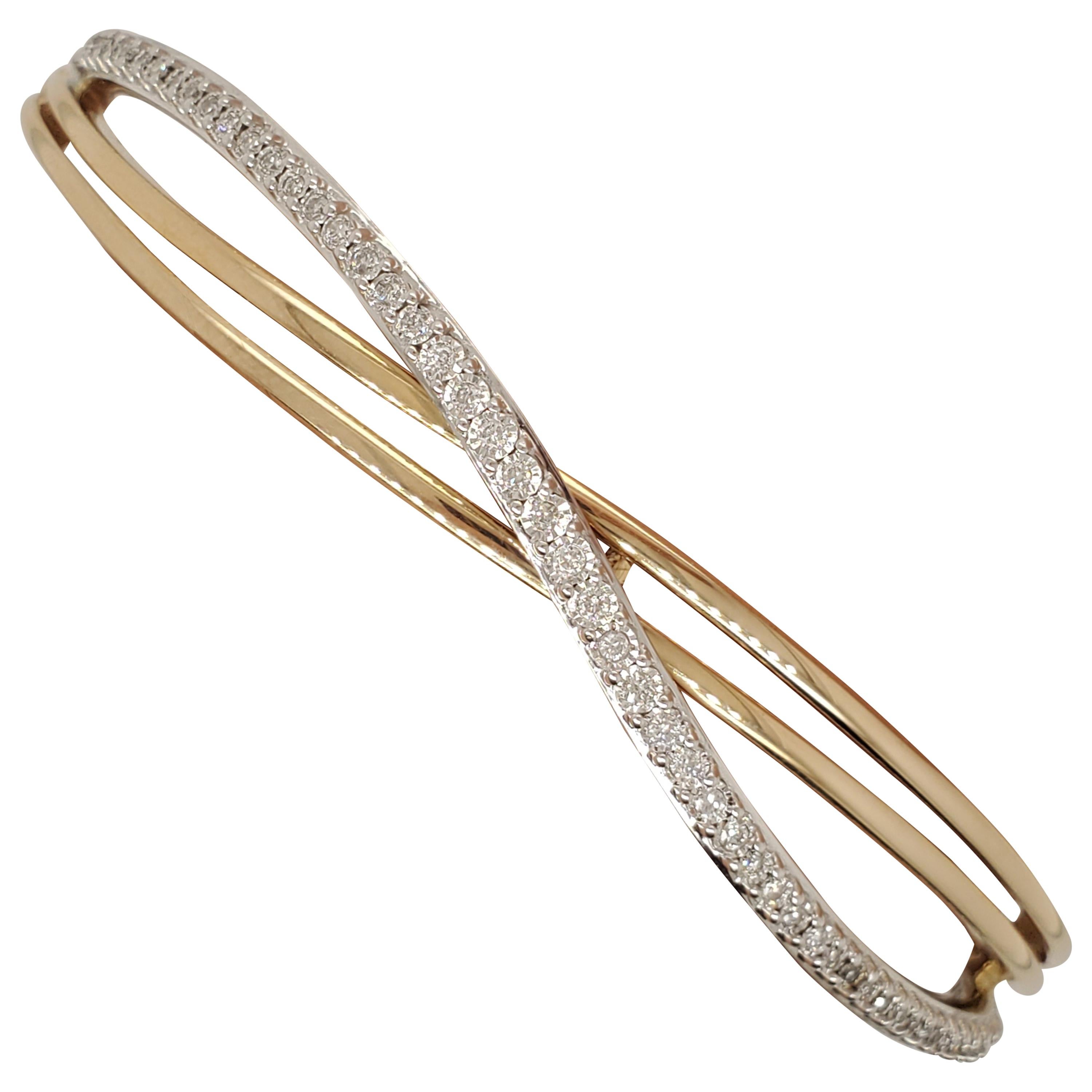 Yellow and White Gold Diamond Bypass Bangle Bracelet