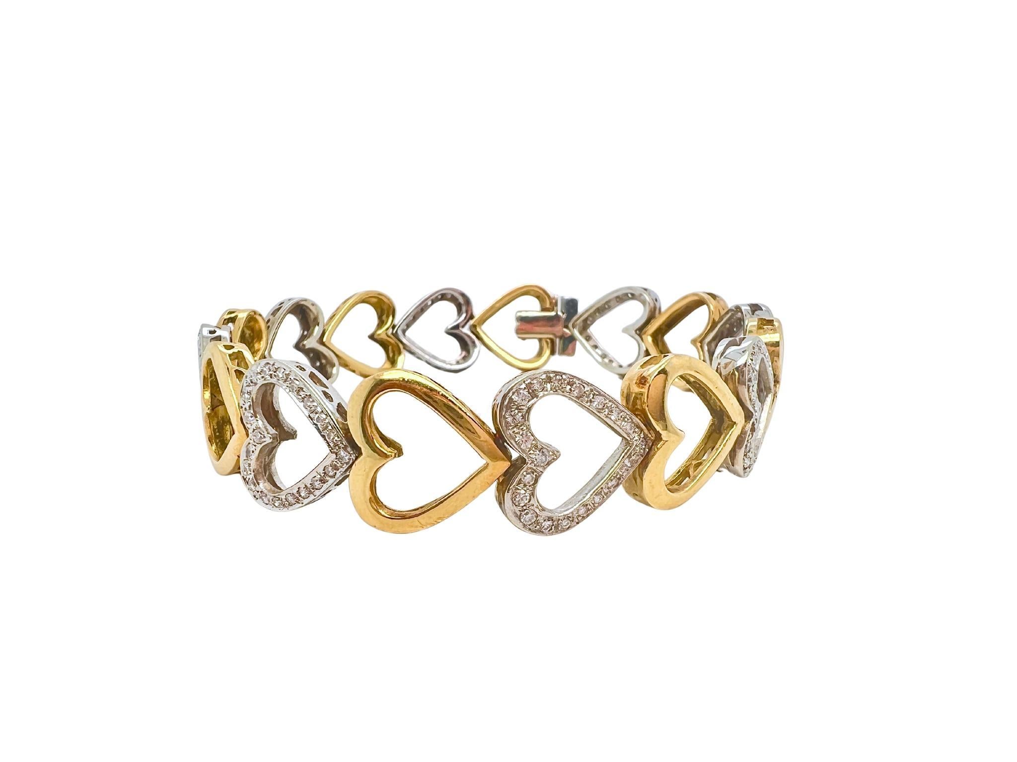 Round Cut Yellow and White Gold Diamond Heart Link Bracelet For Sale