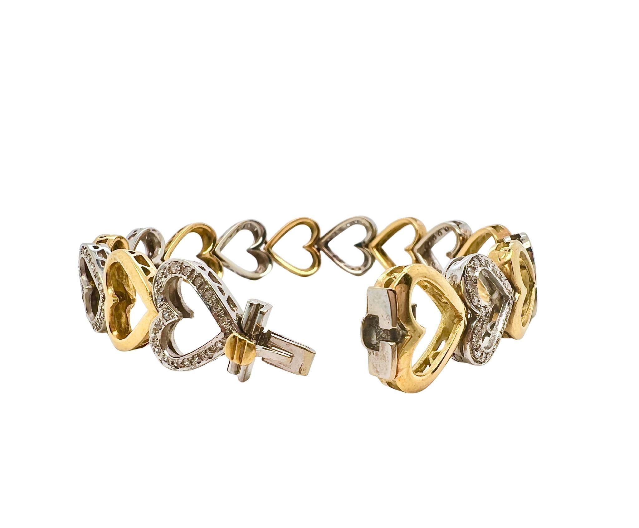 Yellow and White Gold Diamond Heart Link Bracelet In Excellent Condition For Sale In New York, NY