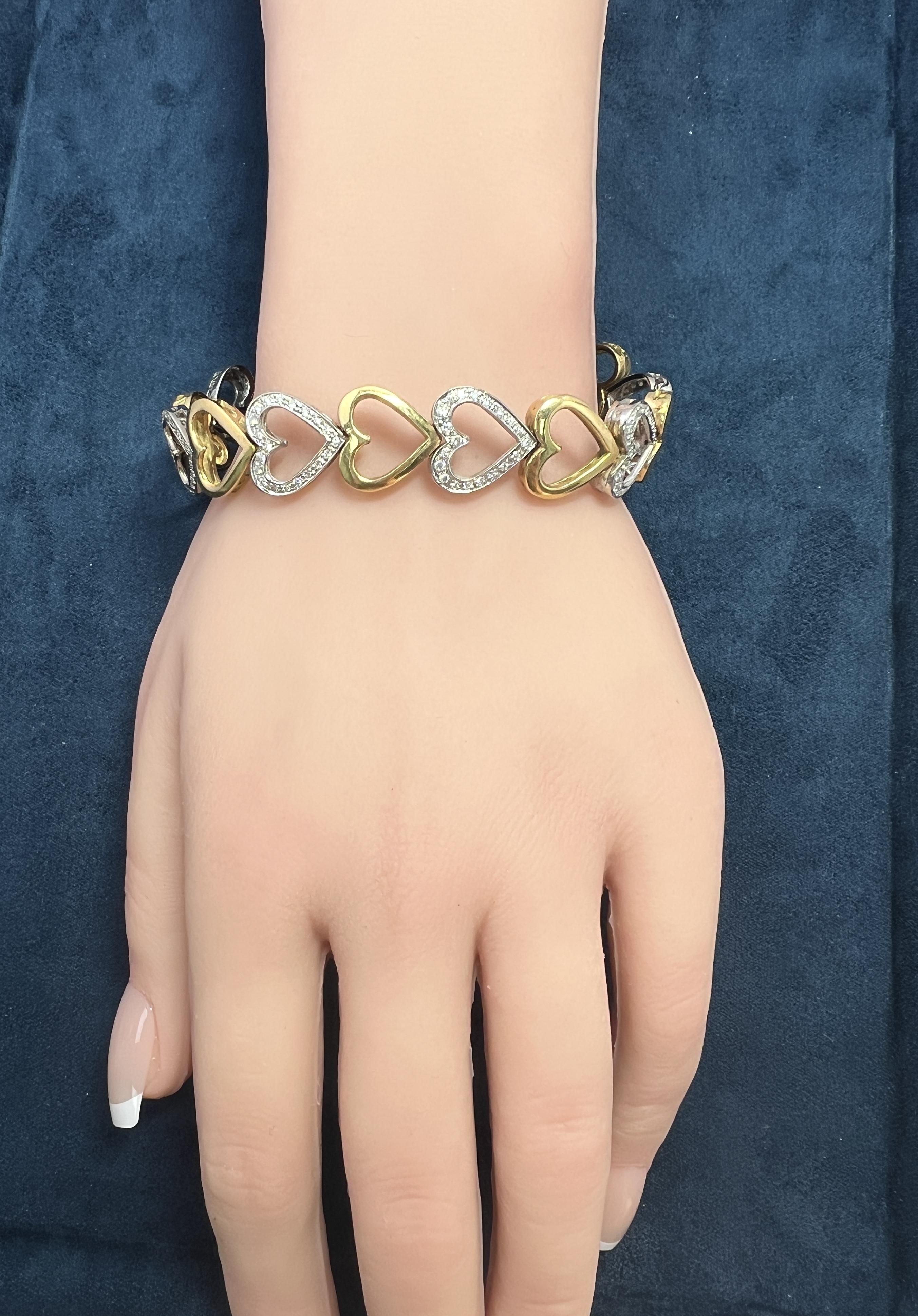Women's Yellow and White Gold Diamond Heart Link Bracelet For Sale