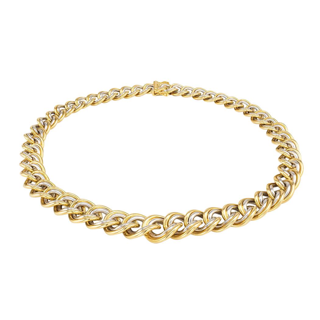 Yellow and White 18k gold graduated link necklace circa 1980.  Clear and concise information you want to know is listed below.  Contact us right away if you have additional questions.  We are here to connect you with beautiful and affordable