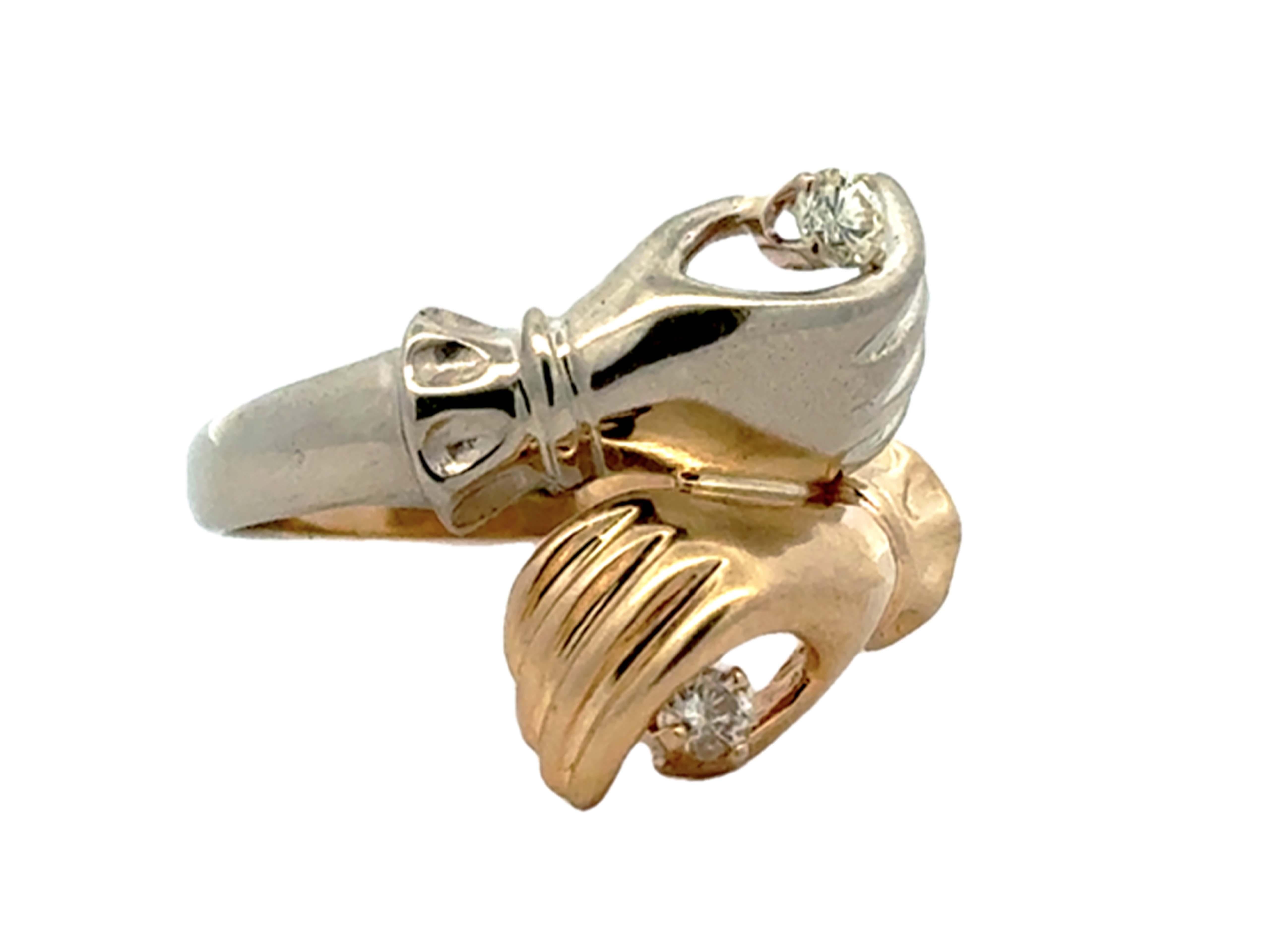 Brilliant Cut Yellow and White Gold Hands Holding Diamonds Ring 14k Gold