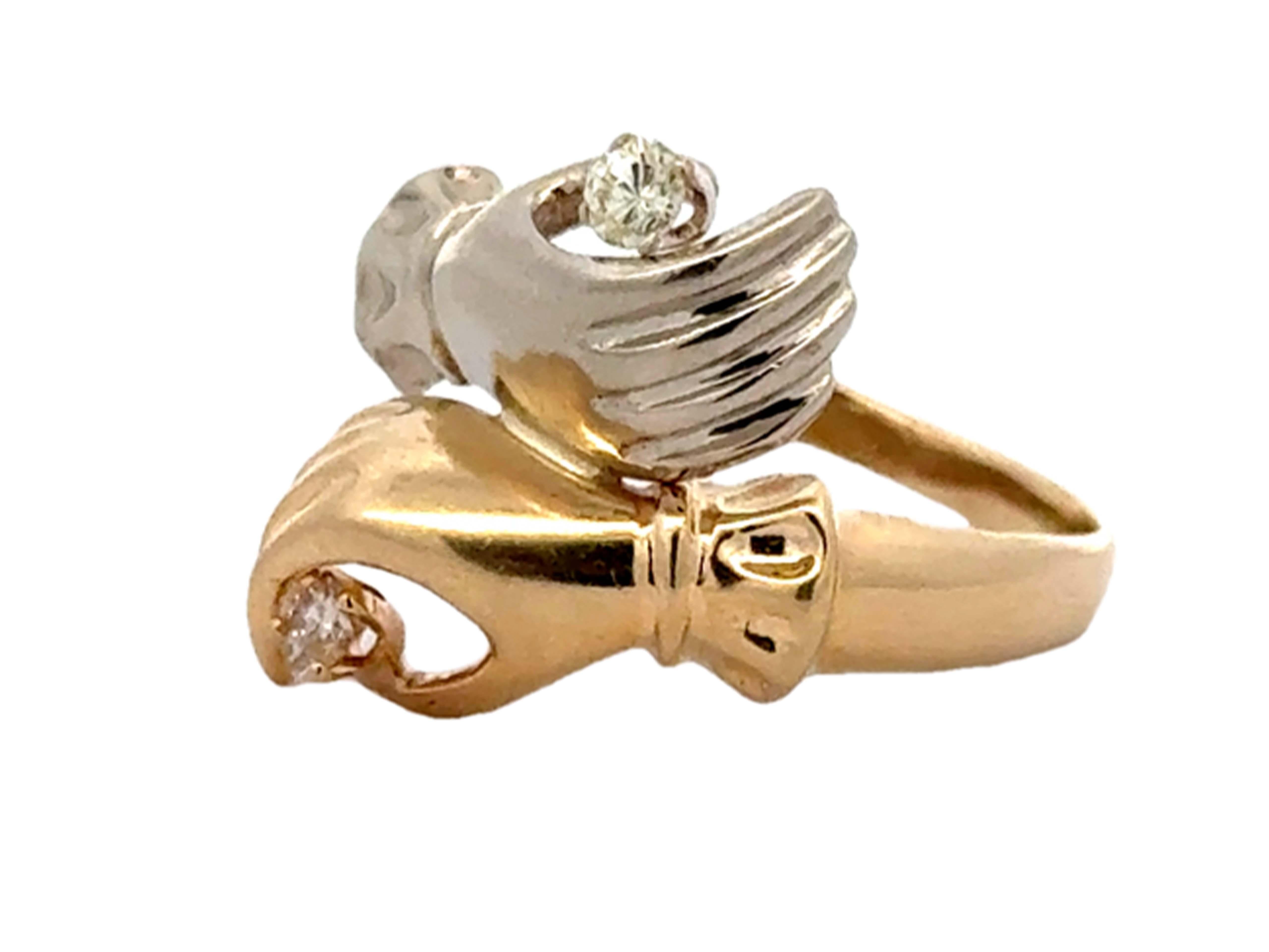 Yellow and White Gold Hands Holding Diamonds Ring 14k Gold In Excellent Condition In Honolulu, HI
