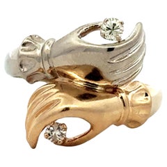 Yellow and White Gold Hands Holding Diamonds Ring 14k Gold