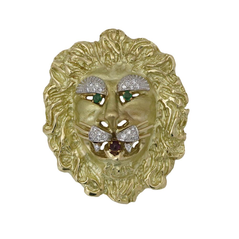 Yellow and White Gold Lion Head Pendant Brooch For Sale