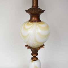 Yellow and White Marbled Murano Art Glass Table Lamp with Shade