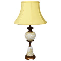 Yellow and White Marbled Murano Art Glass Table Lamp with Shade