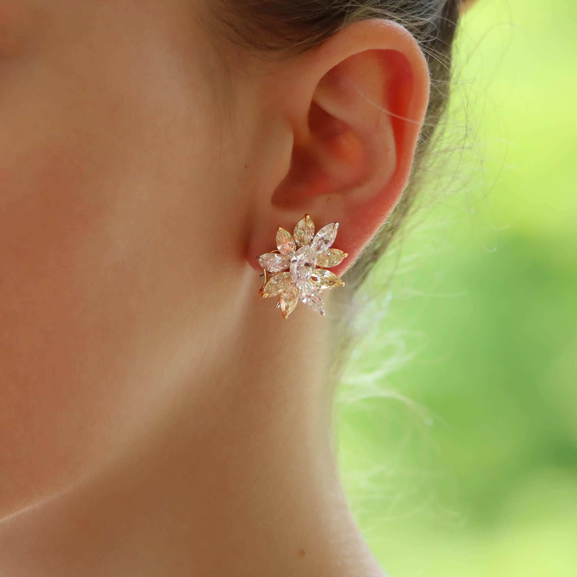 Modern Yellow and White Marquise Cut Diamond Cluster Earrings in Platinum and Gold For Sale