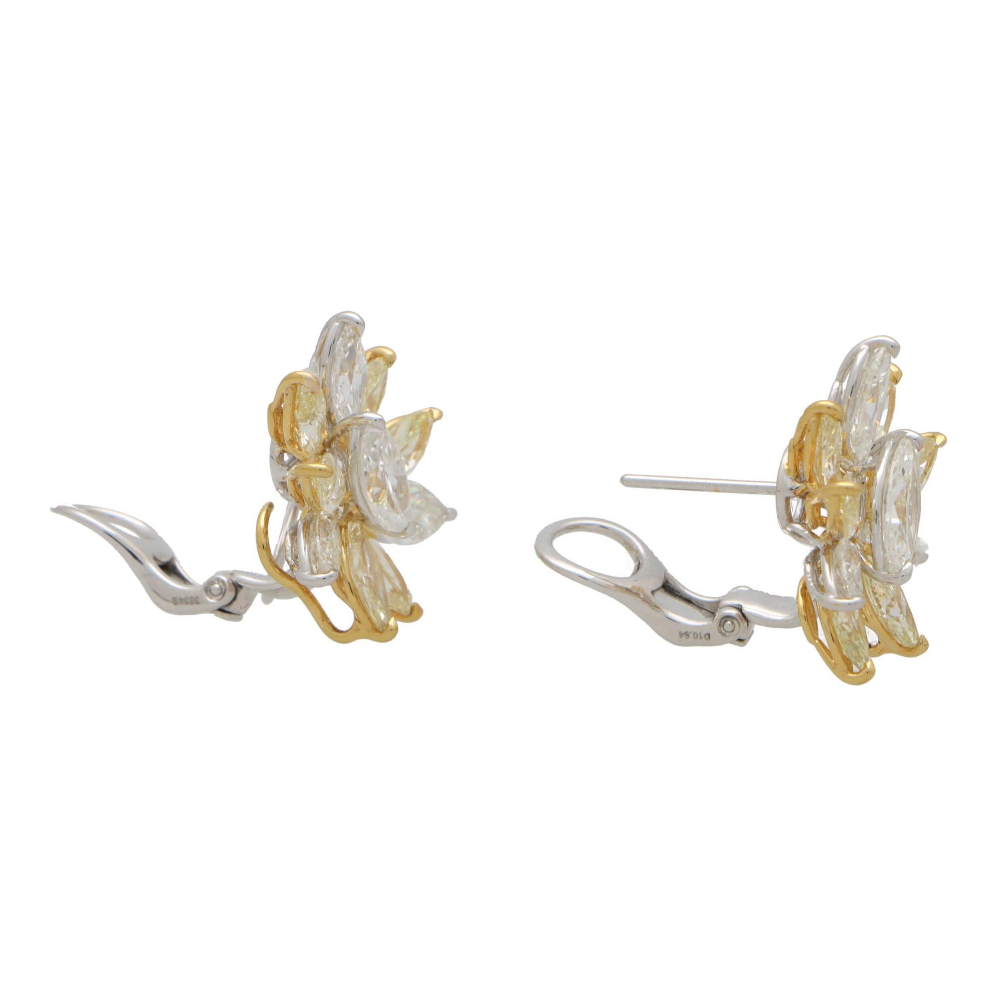 Yellow and White Marquise Cut Diamond Cluster Earrings in Platinum and Gold In New Condition For Sale In London, GB