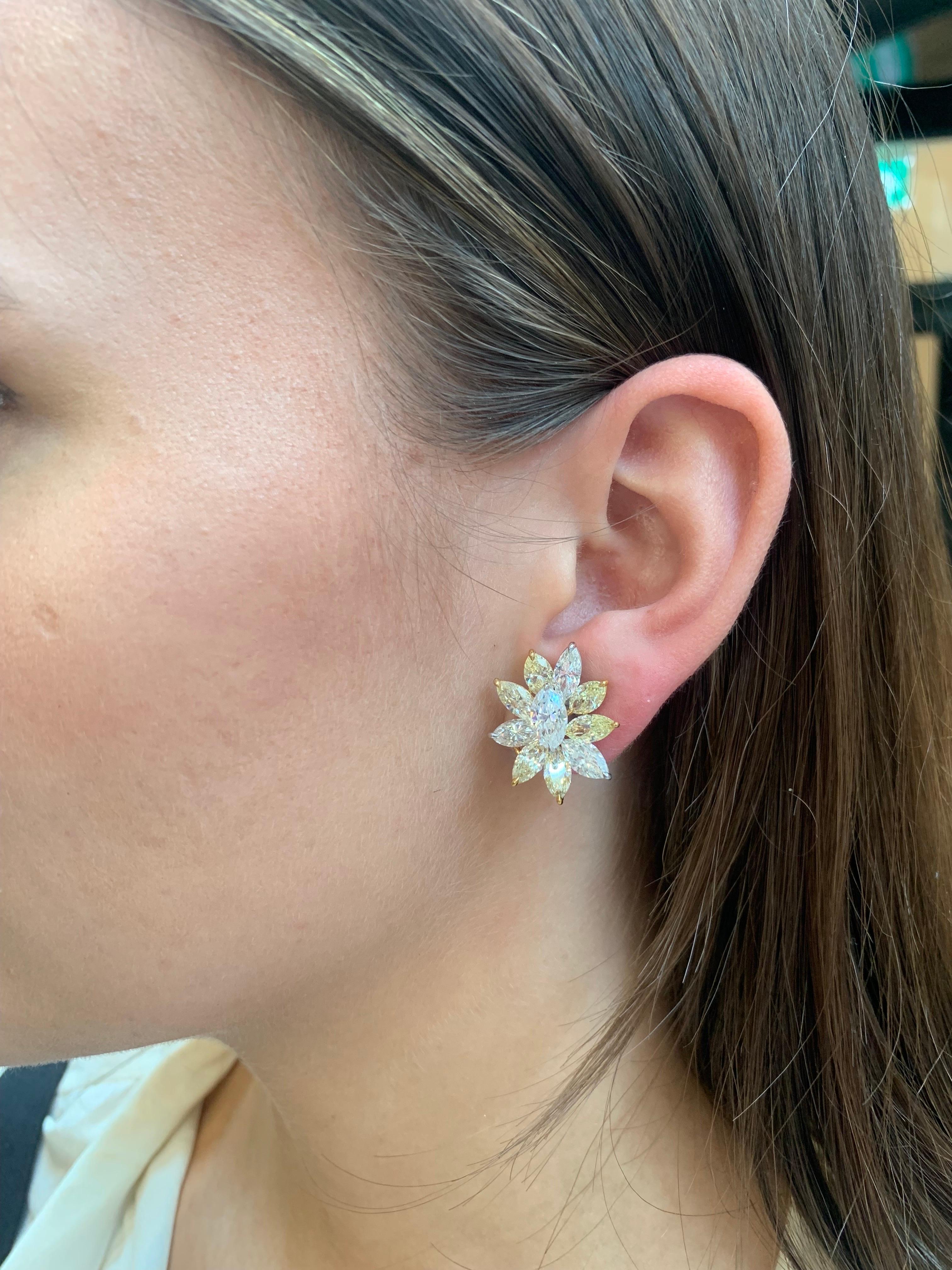 Yellow and White Marquise Cut Diamond Cluster Earrings in Platinum and Gold For Sale 4