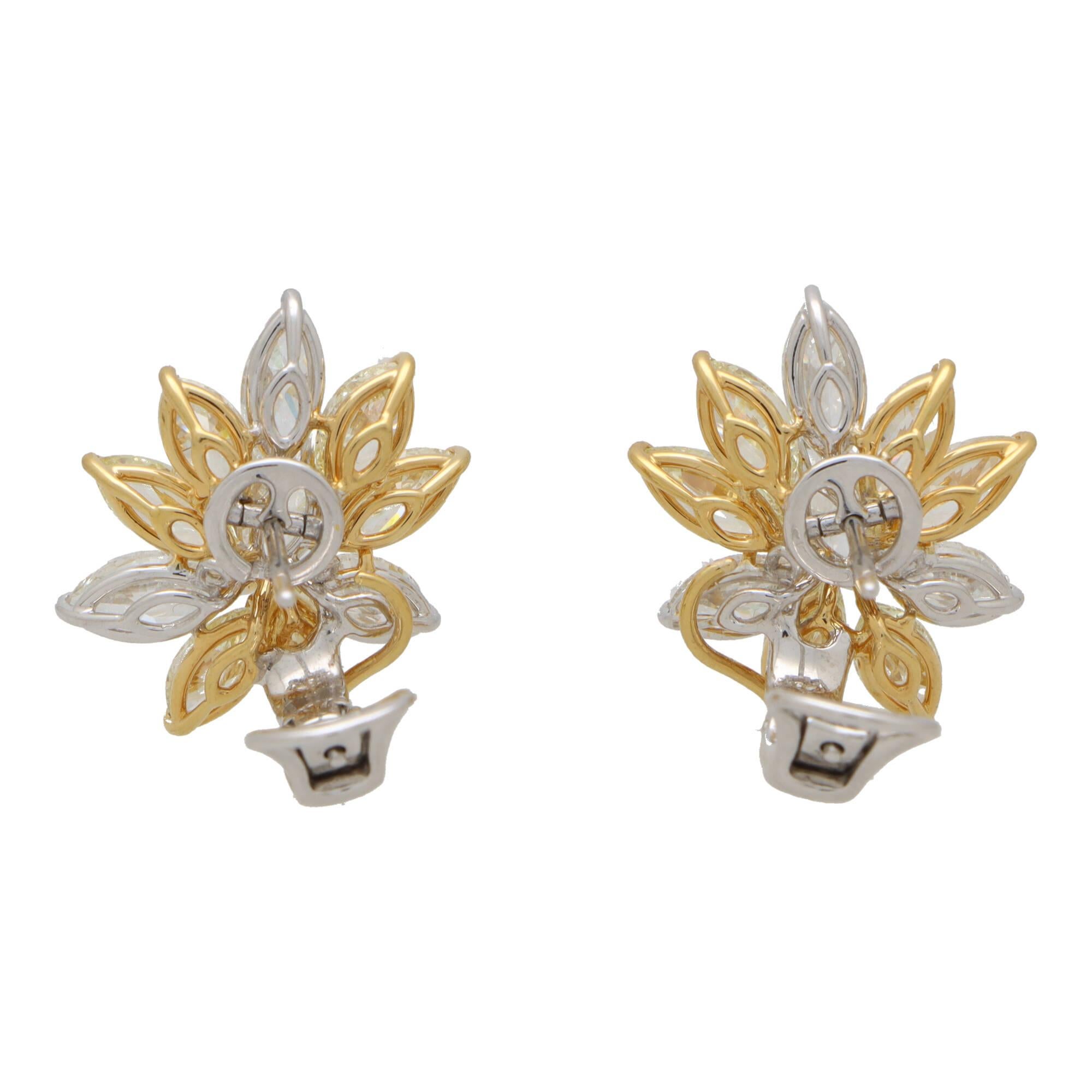 Yellow and White Marquise Cut Diamond Cluster Earrings in Platinum and Gold For Sale 1