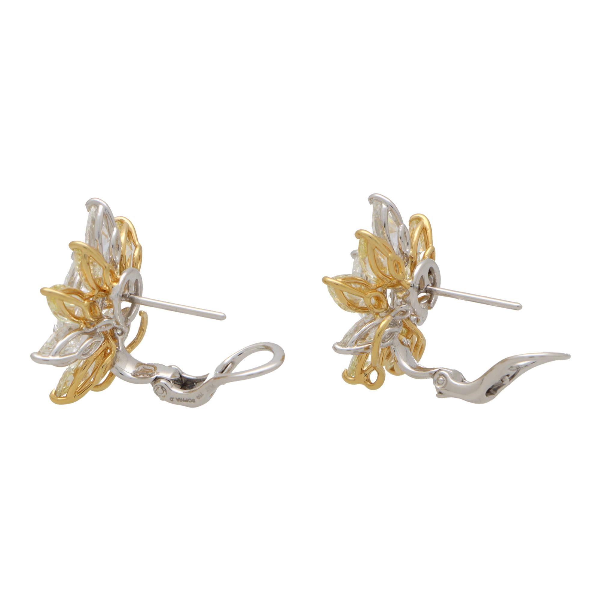 Yellow and White Marquise Cut Diamond Cluster Earrings in Platinum and Gold For Sale 2