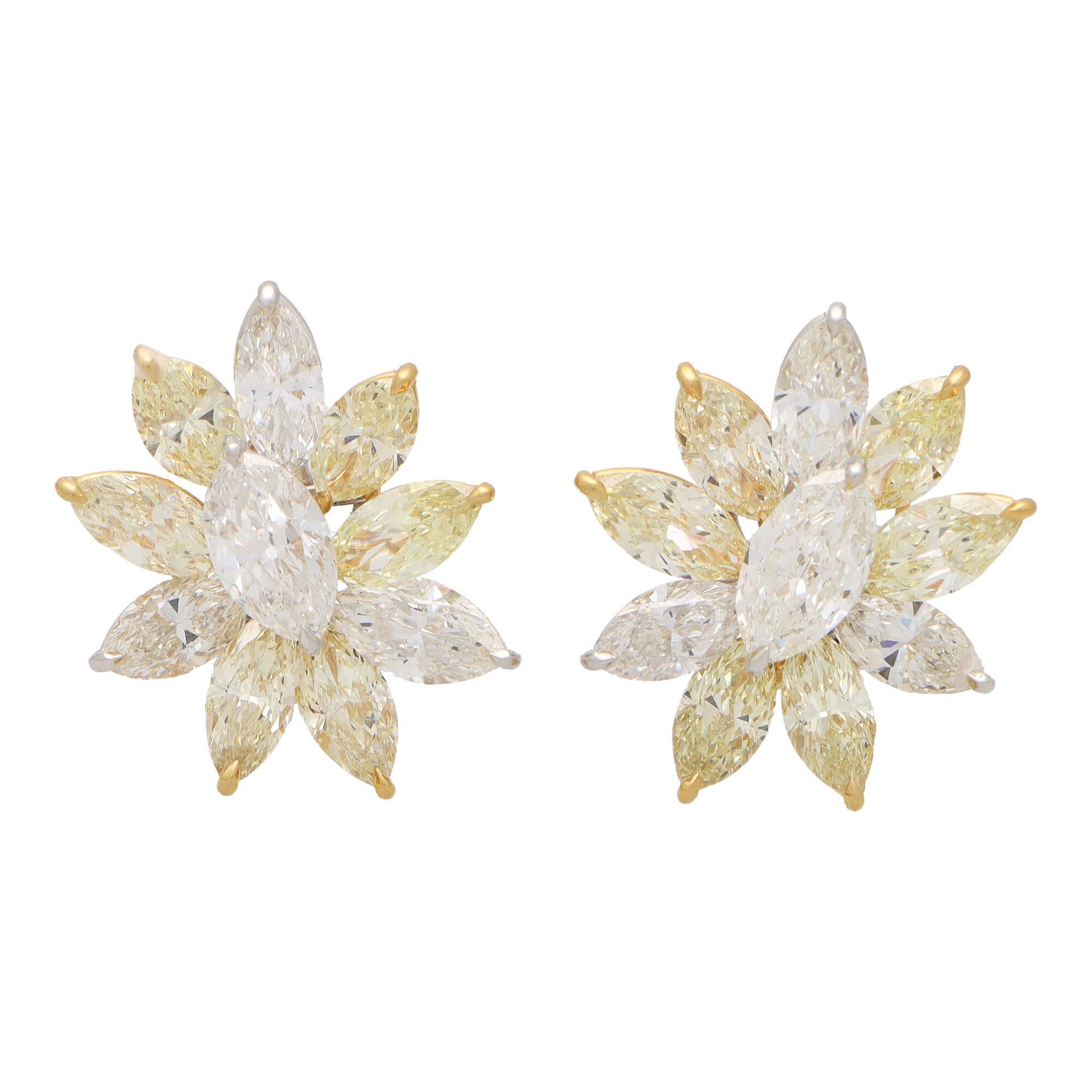 Yellow and White Marquise Cut Diamond Cluster Earrings in Platinum and Gold