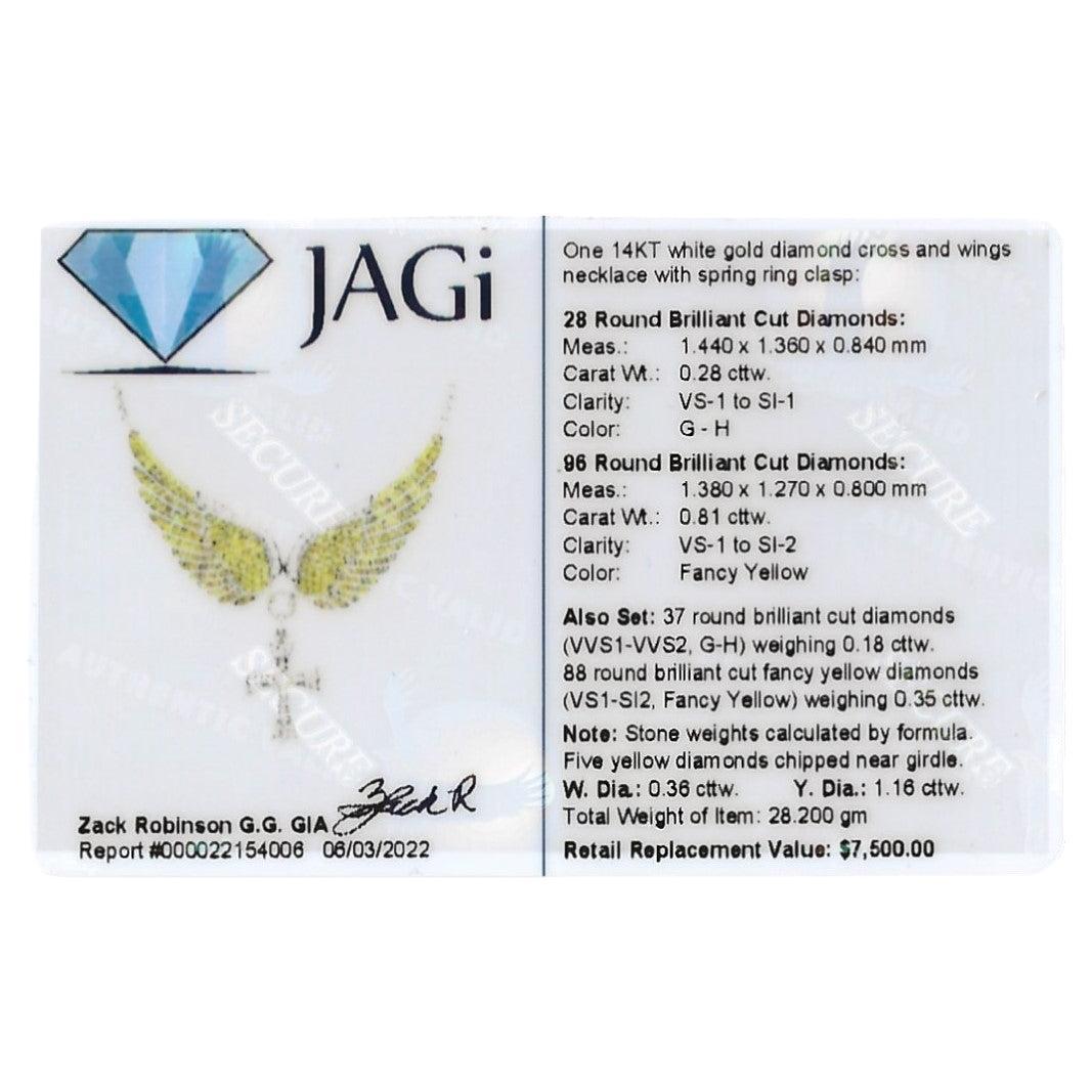 Collier croix et ailes en or blanc 14 carats avec diamants pavés jaunes et blancs en vente 9