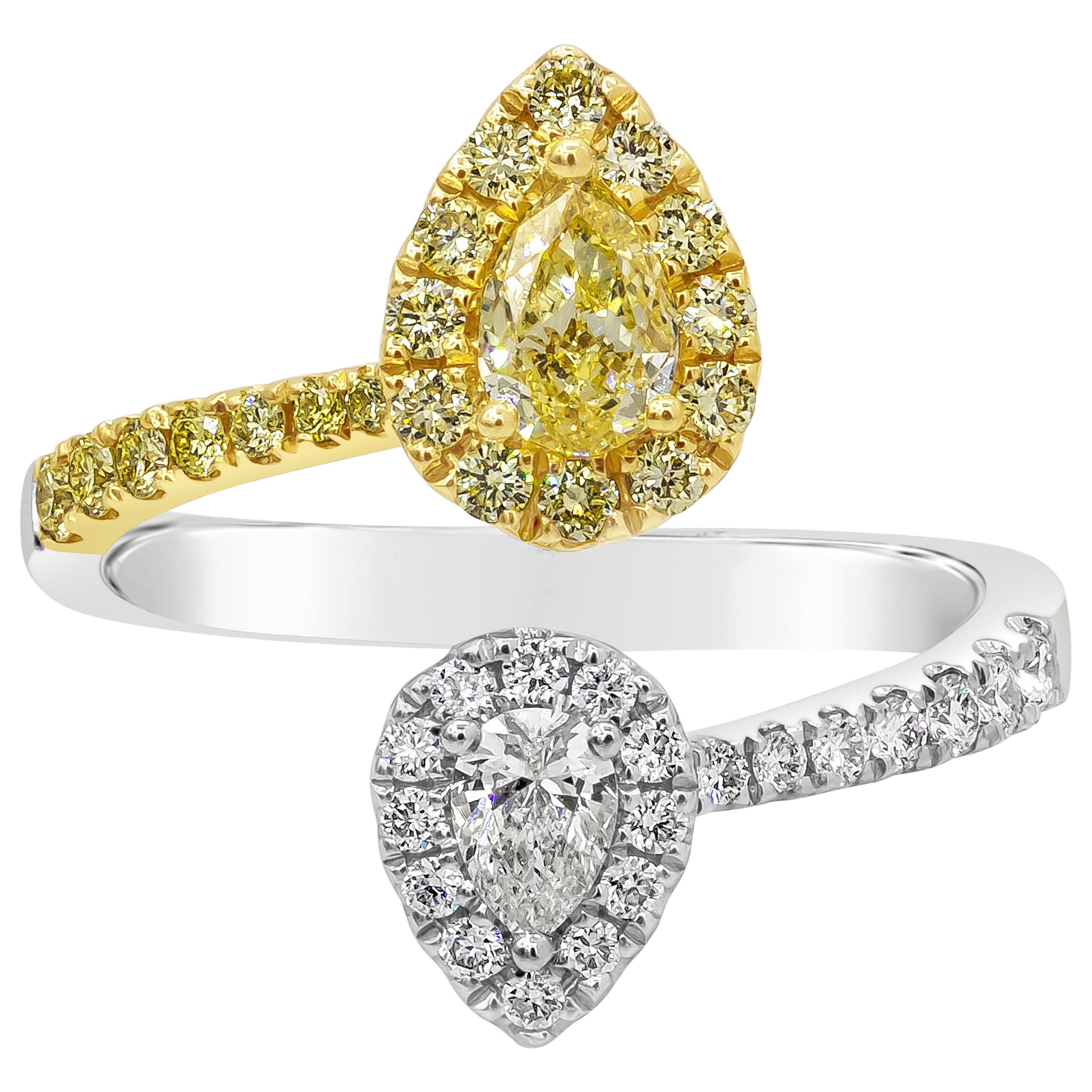 Yellow and White Pear Shape Diamond Halo Bypass Ring