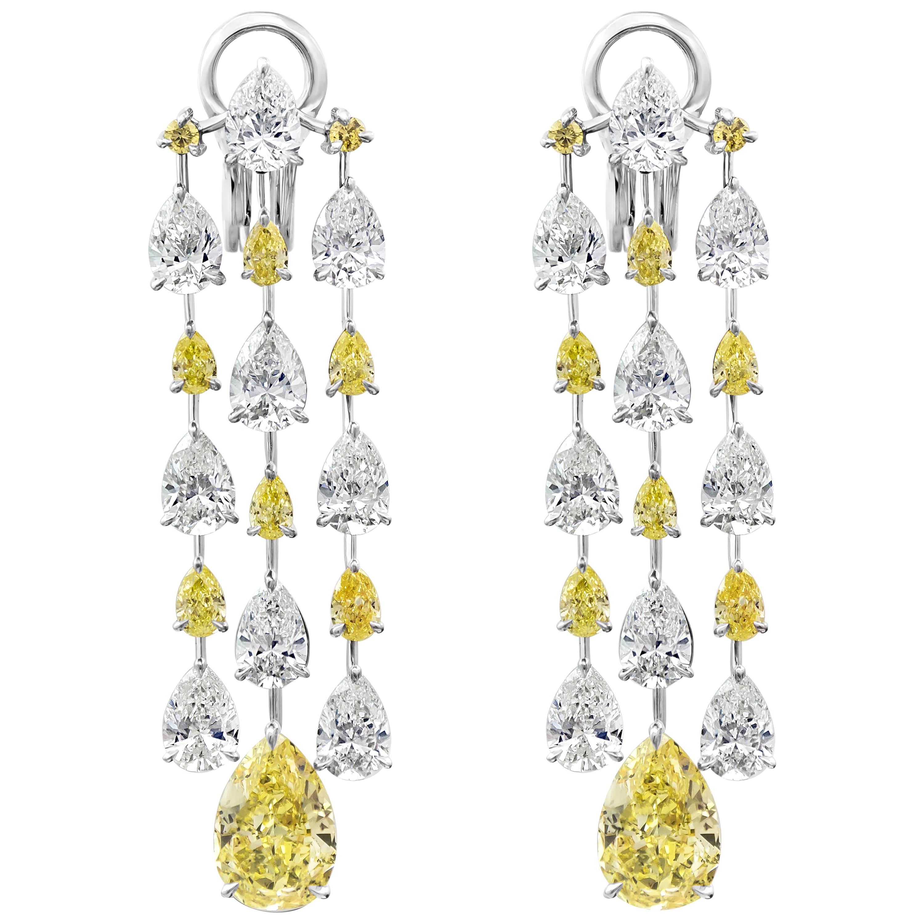 15.69 Carats Total Pear Shape Fancy Yellow White Diamond Chandelier Earrings For Sale
