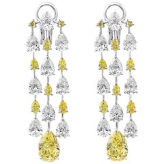 Yellow and White Pear Shaped Diamond Platinum Chandelier Earrings