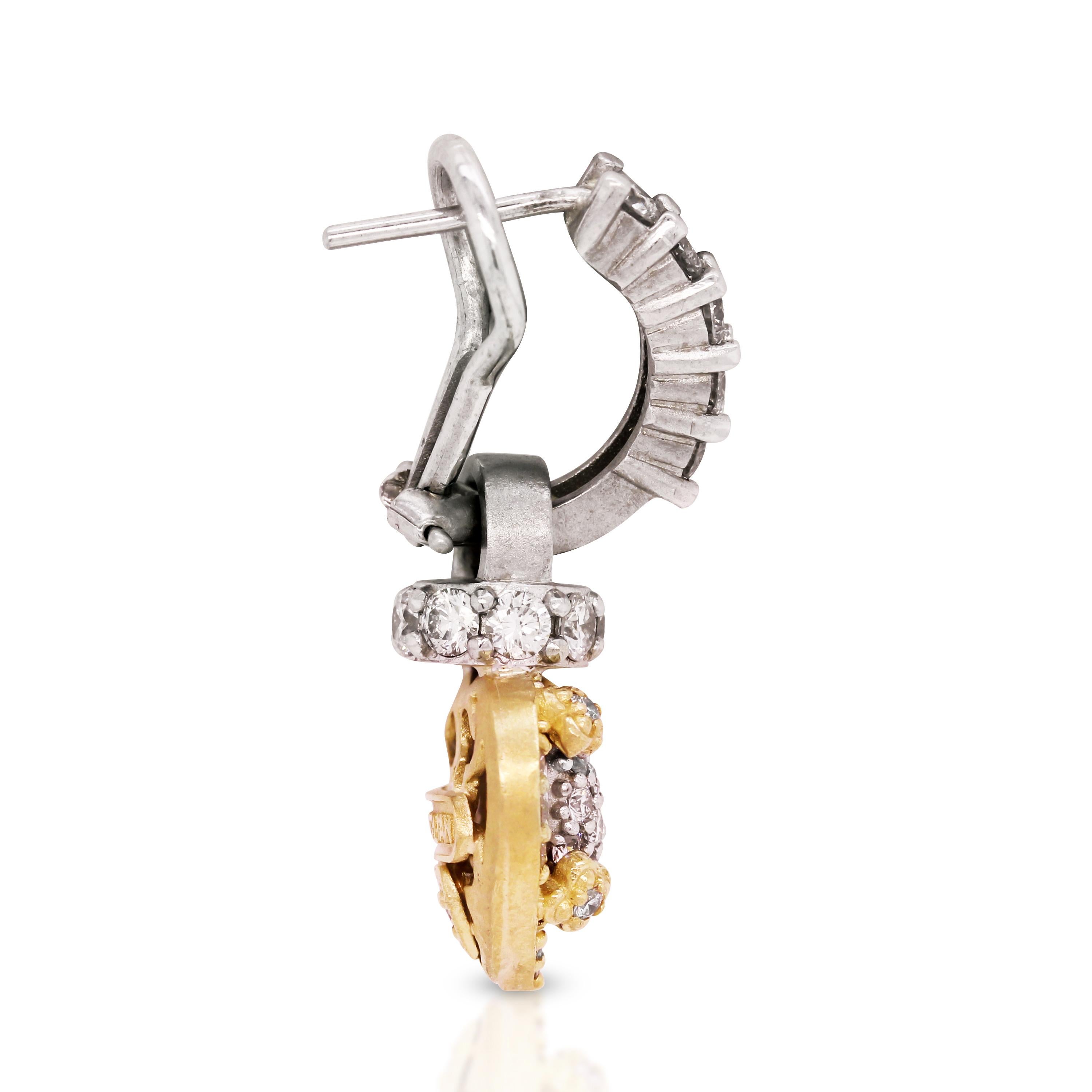 Stambolian 18K Two-Tone Yellow White Gold Diamond Heart Drop Dangle Earrings In New Condition In Boca Raton, FL