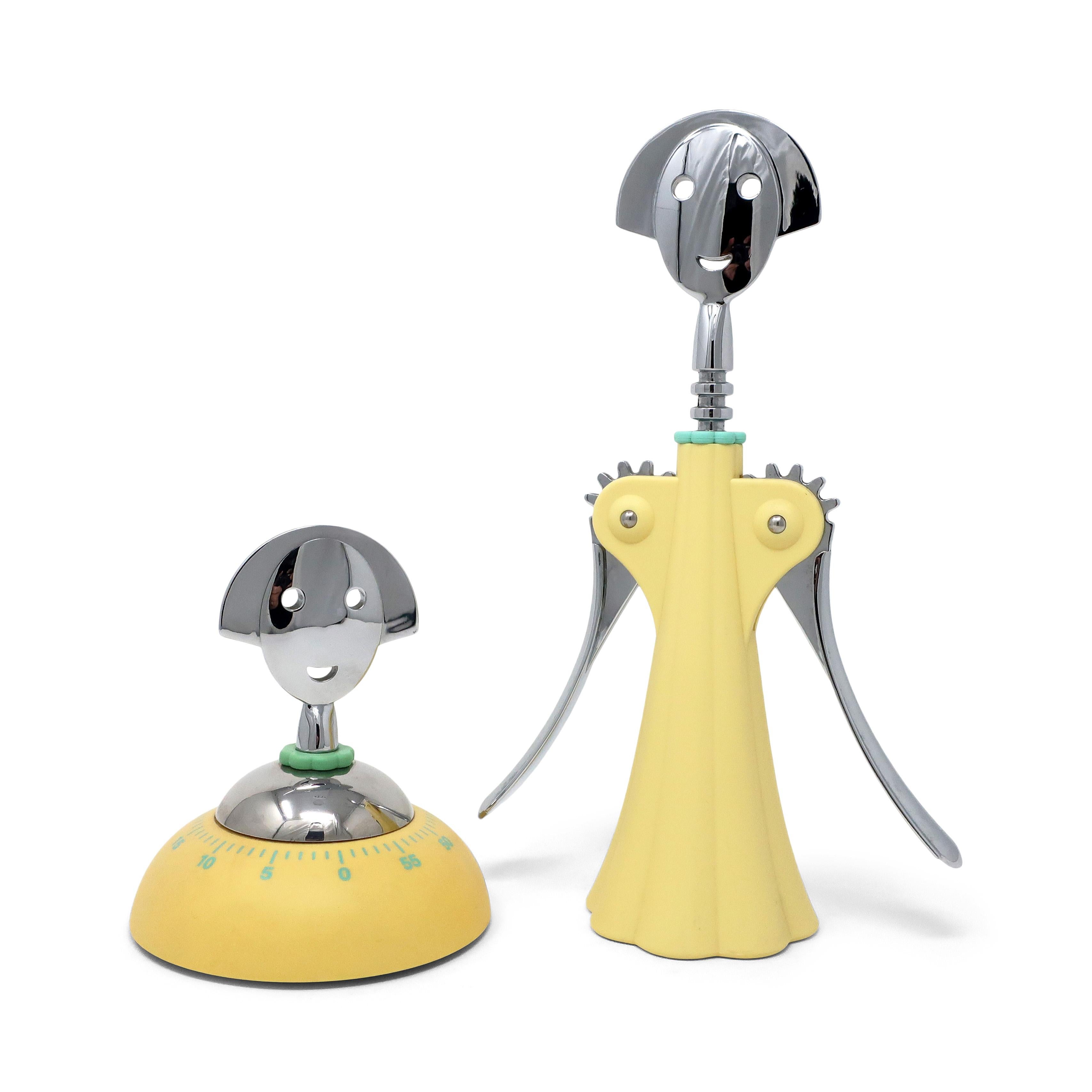 A chrome and yellow corkscrew and kitchen timer from Alessandro Mendini’s iconic Anna G line for Alessi. These two pieces, from a Classic collection of 1990s housewares design, are sleek and whimsical, and overflowing with personality. Chrome
