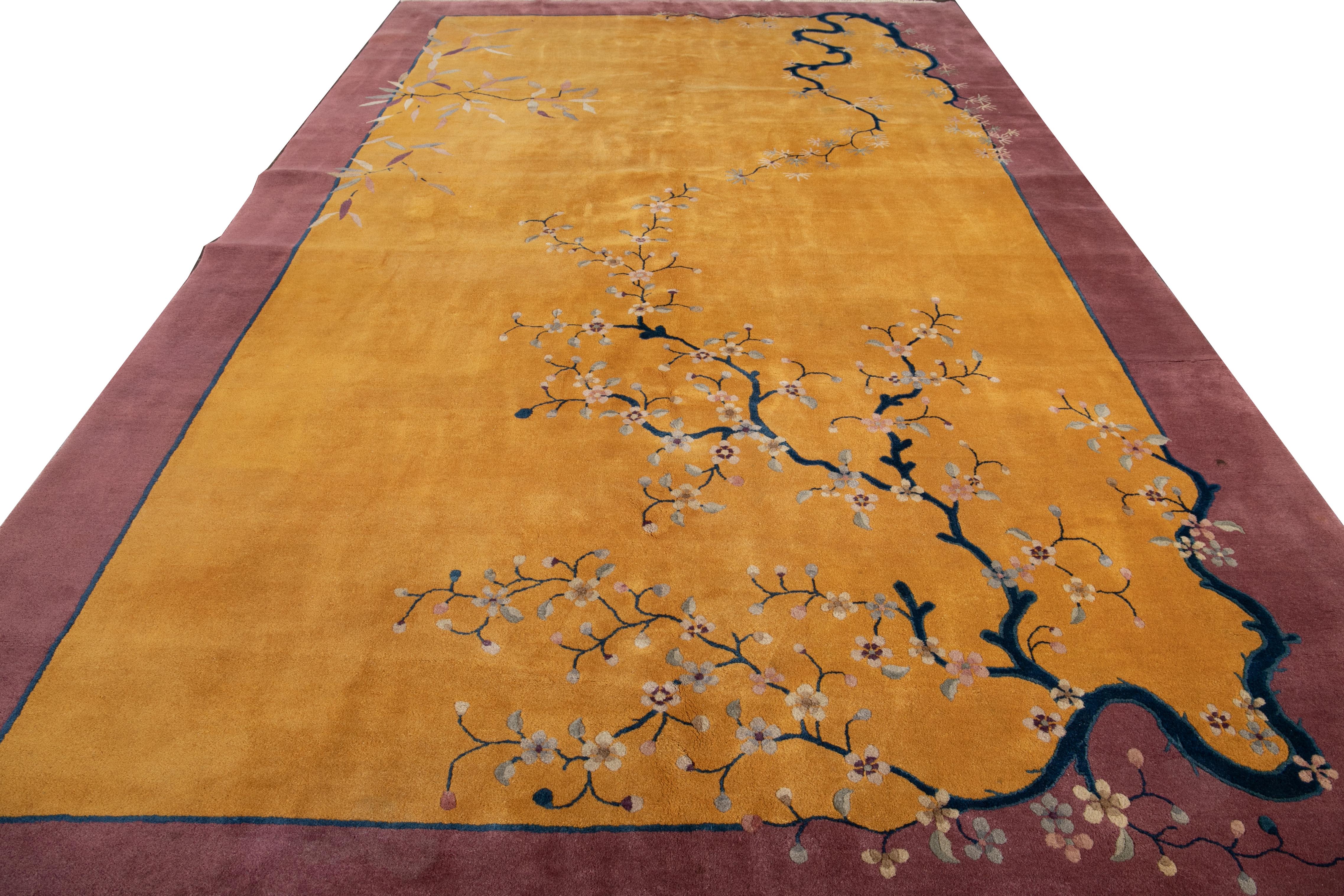 Hand-Knotted Yellow Antique Art Deco Chinese Handmade Wool Rug For Sale
