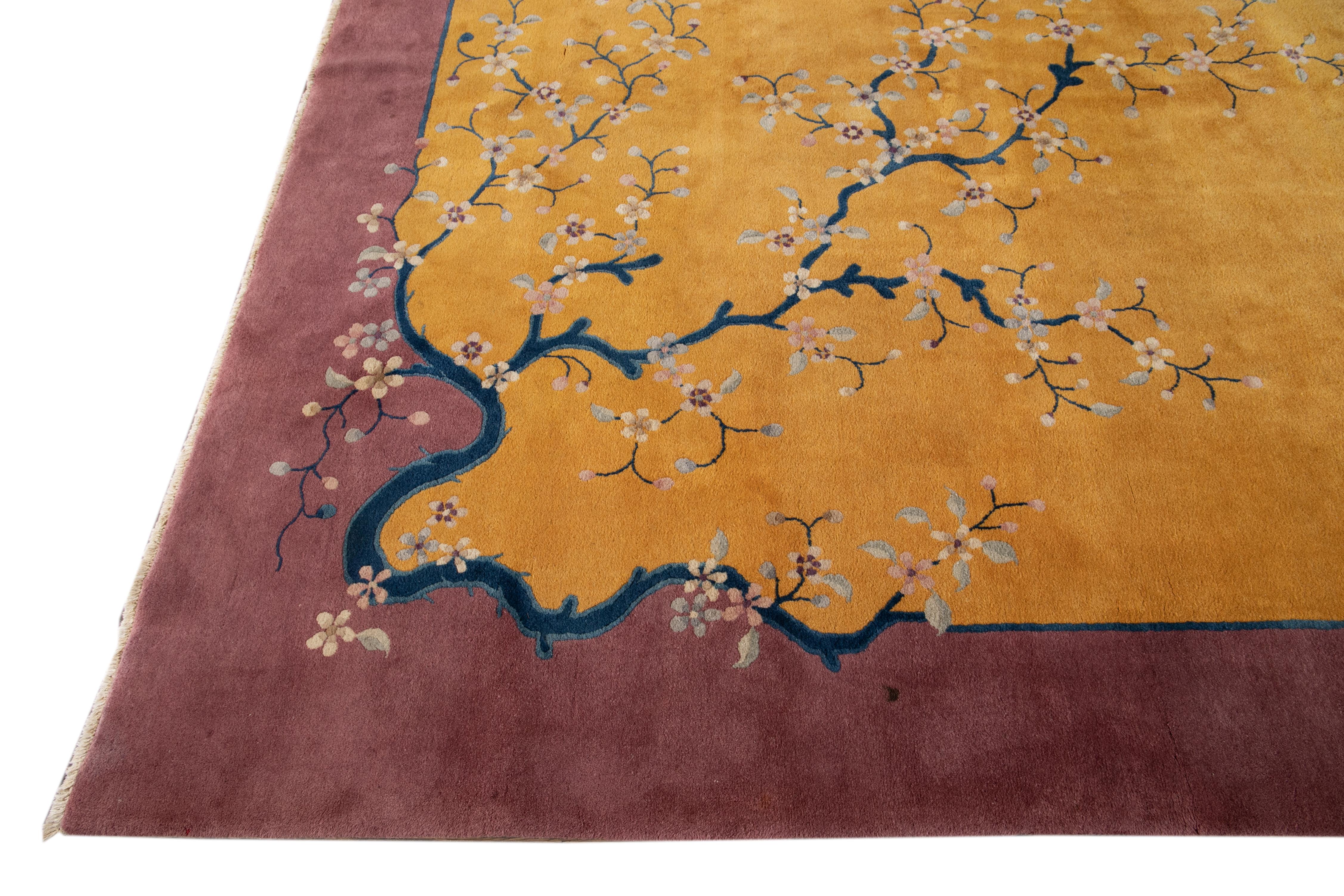 Yellow Antique Art Deco Chinese Handmade Wool Rug In Good Condition For Sale In Norwalk, CT